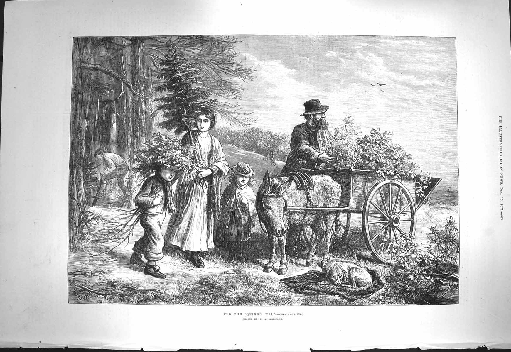 Original Old Antique Print 1871 Donkey Cart Gathering Holly Children Christmas