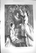 Original Old Antique Print 1871 Ancestral Portrait Man Ladies Holly Christmas