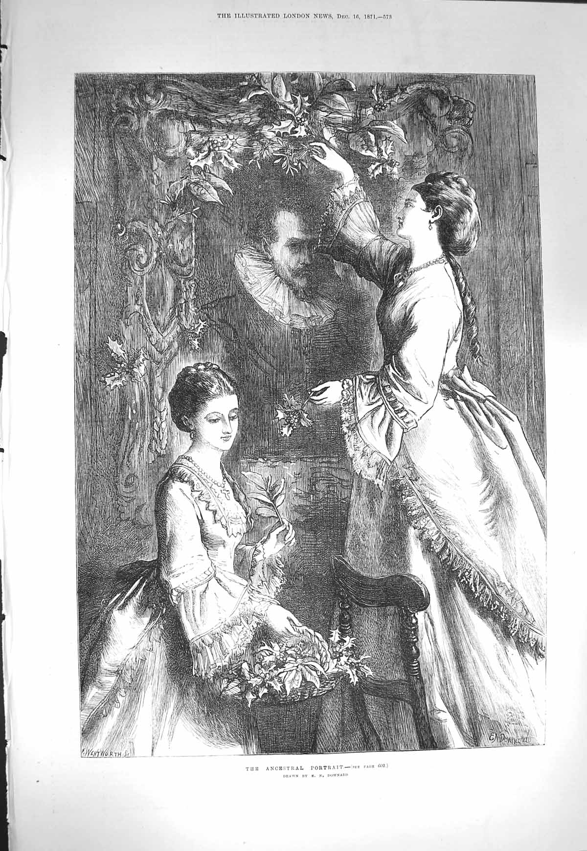 Original Old Antique Print 1871 Ancestral Portrait Man Ladies Holly Christmas