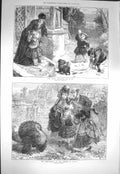 Original Old Antique Print 1871 Children Snow Playing Snowball Turkey Christmas