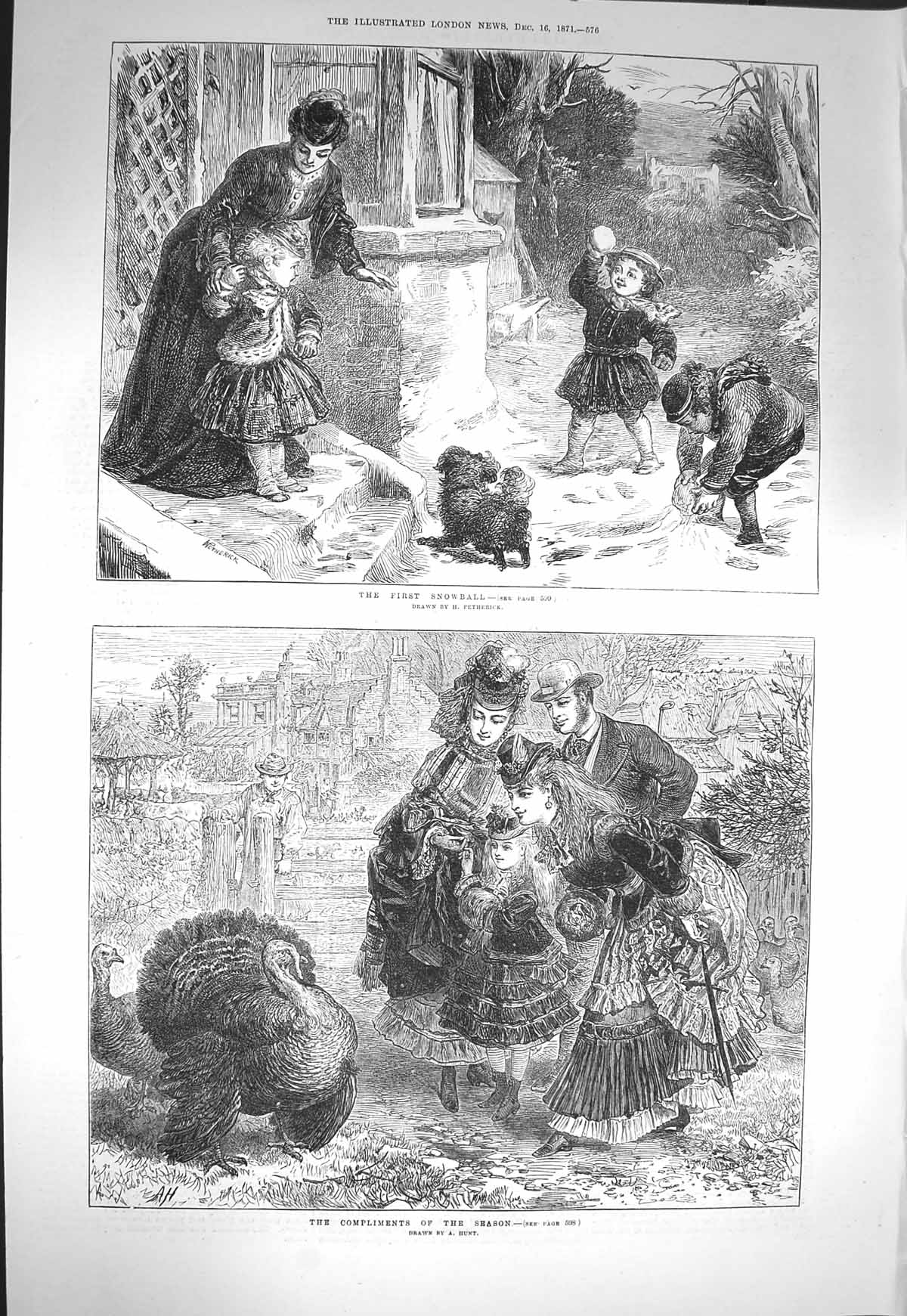 Original Old Antique Print 1871 Children Snow Playing Snowball Turkey Christmas