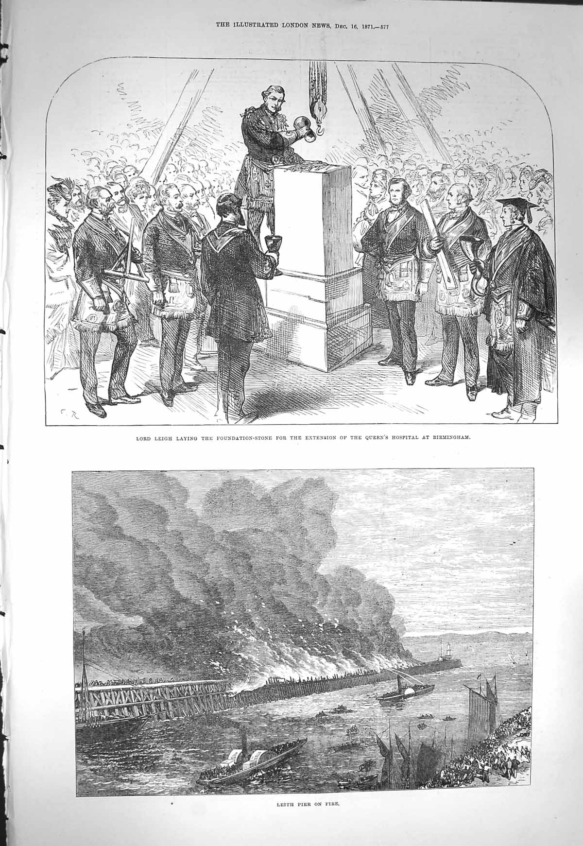 Original Old Antique Print 1871 Lord Leigh Foundation Queen'S Hospital Lei 19th