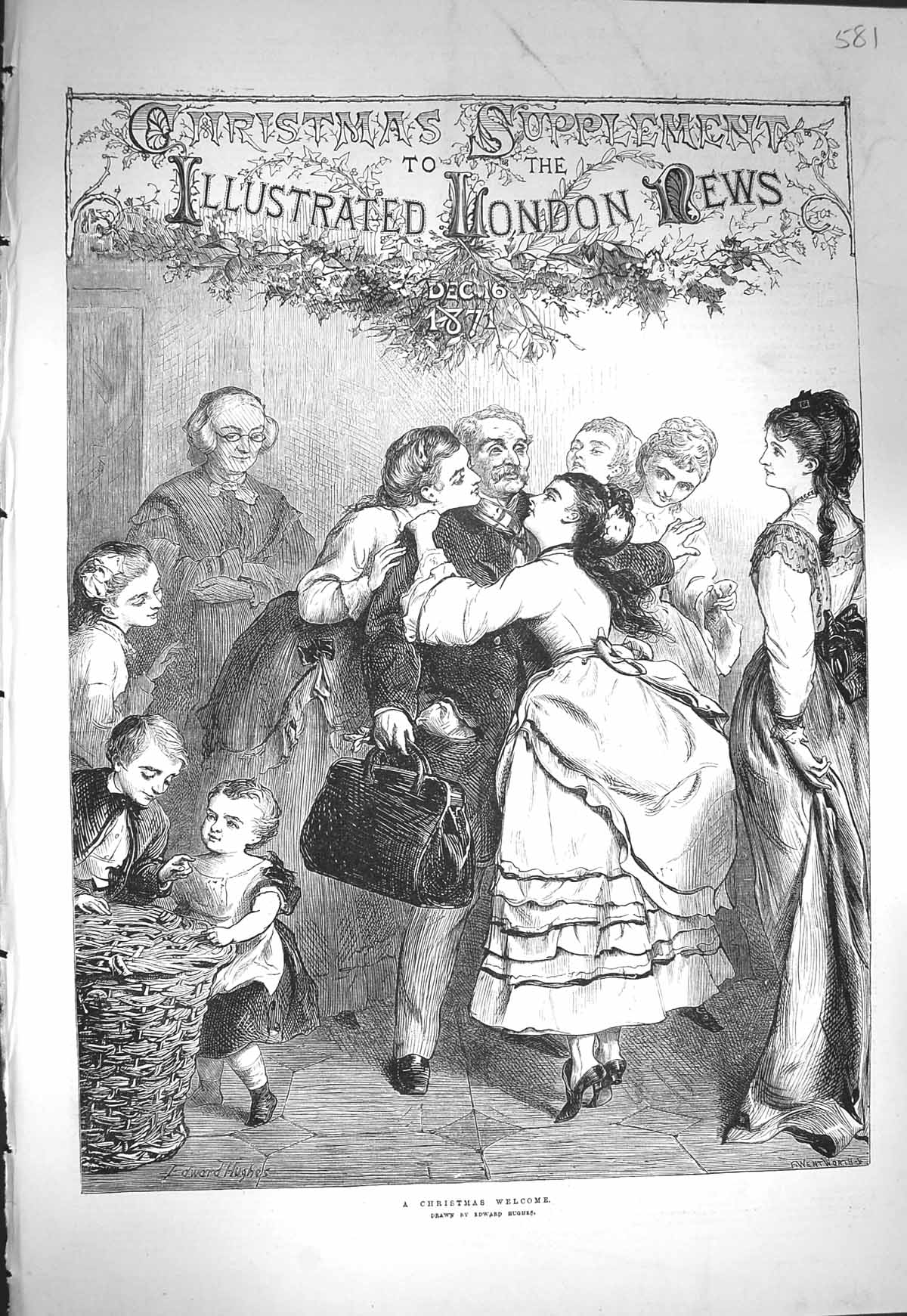 Original Old Antique Print 1871 Christmas Welcome Family Ladies Dresses Hughes