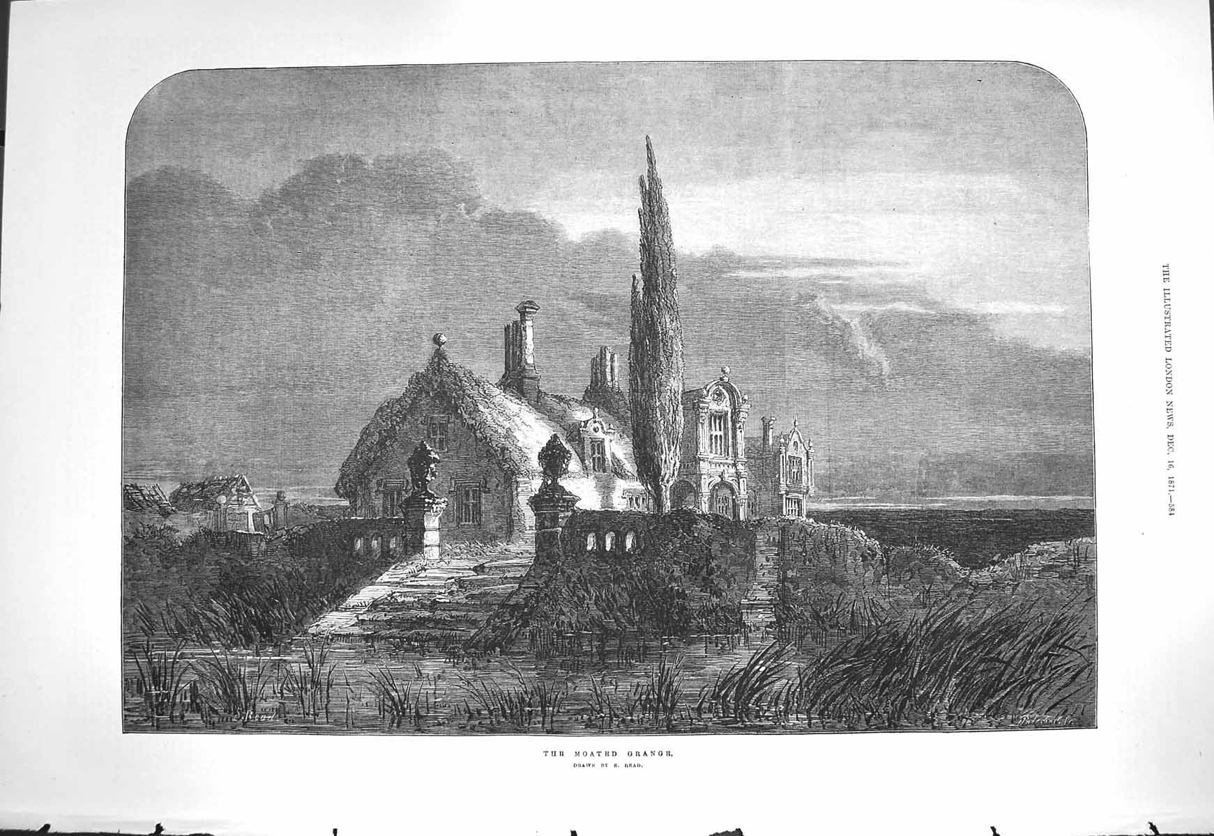 Original Old Antique Print 1871 Read Fine Art Moated Grange House Architecture
