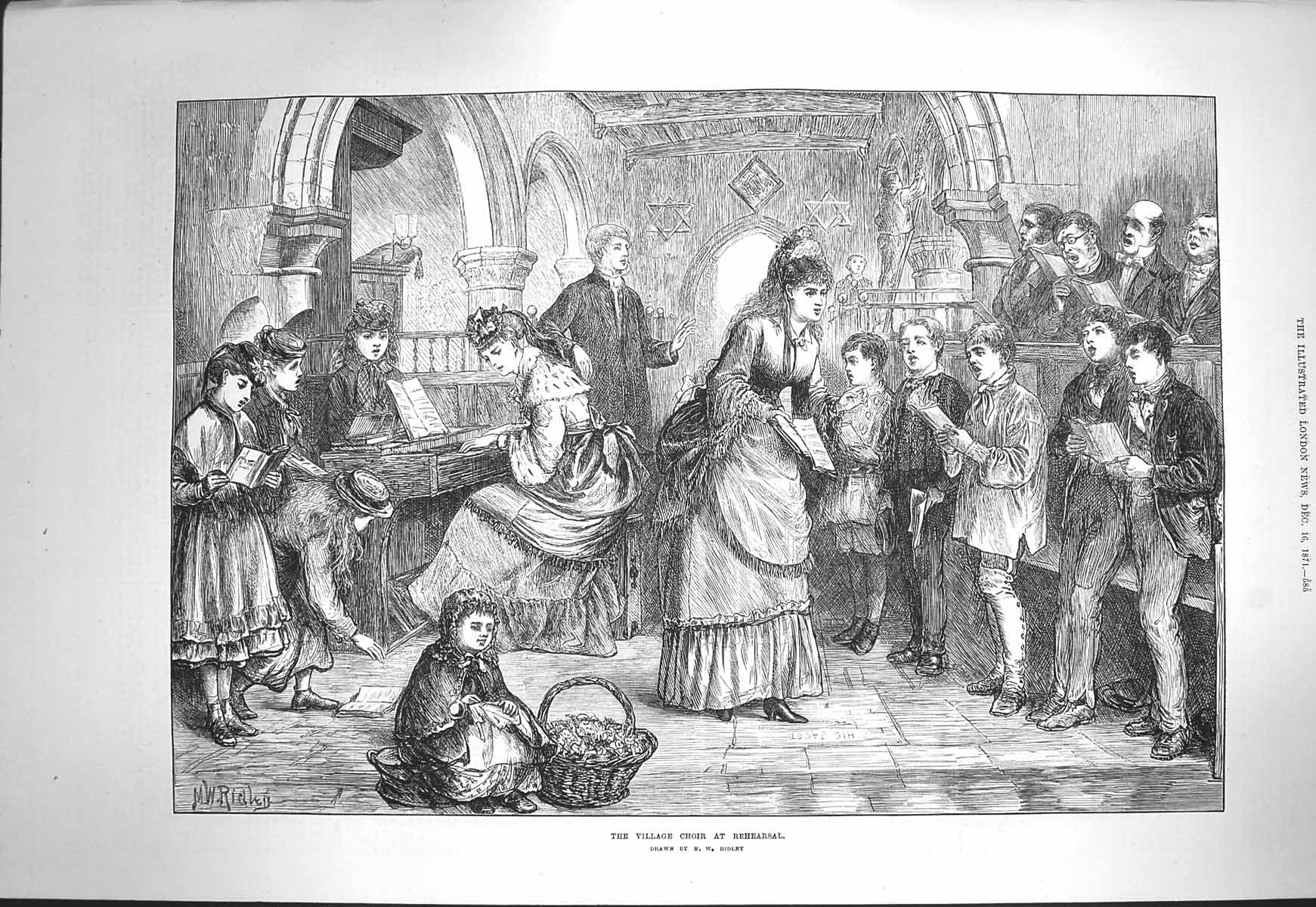Original Old Antique Print 1871 Scene Village Choir Rehearsal Music Children