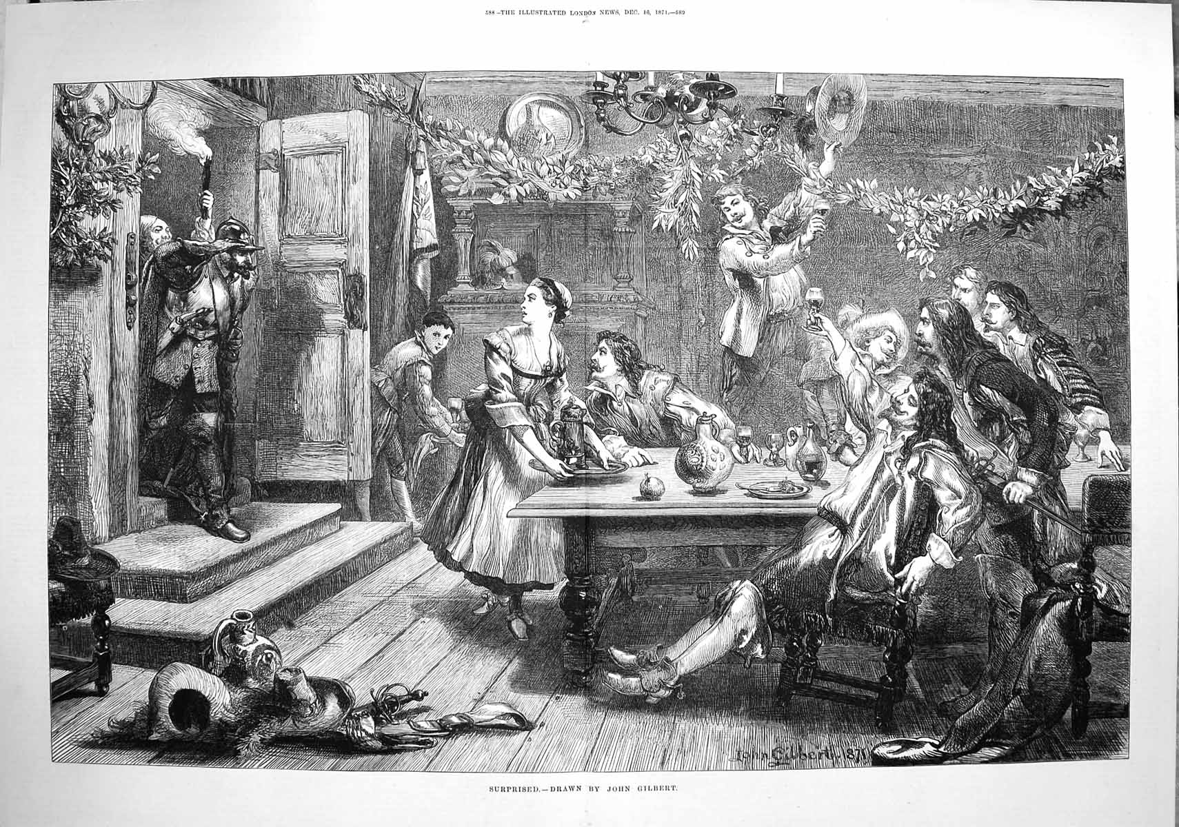 Original Old Antique Print 1871 John Gilbert Fine Art Guard House Christmas