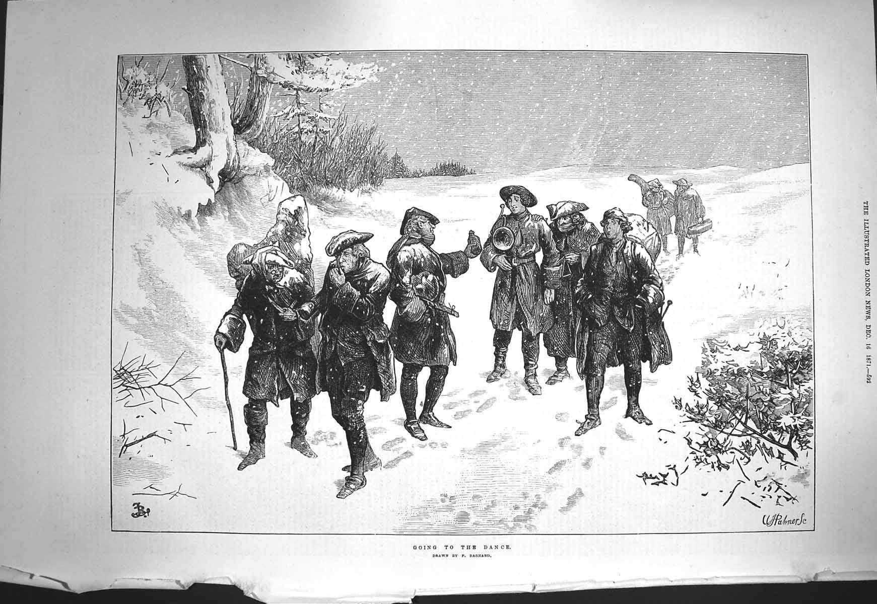 Original Old Antique Print 1871 Men Going To The Dance Christmas Snow Barnard