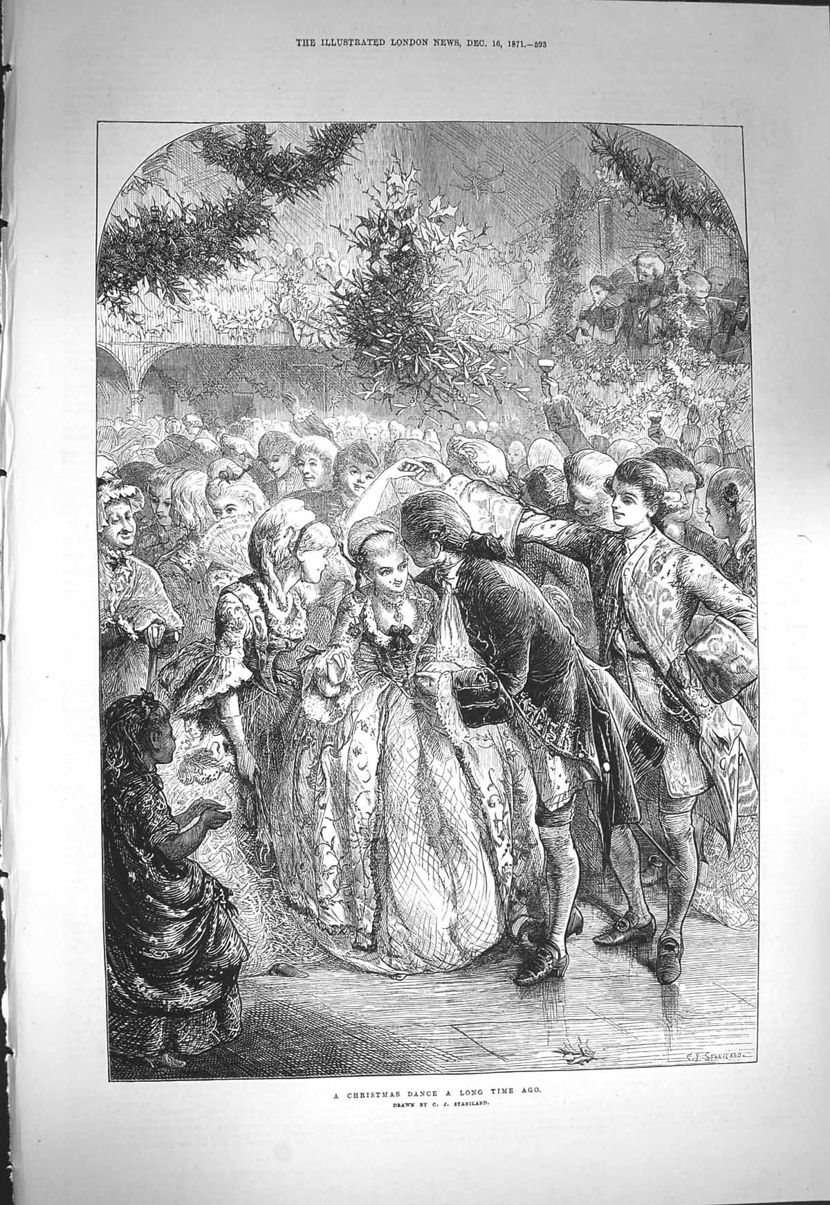 Original Old Antique Print 1871 Christmas Dance Long Time Ago Romance Staniland
