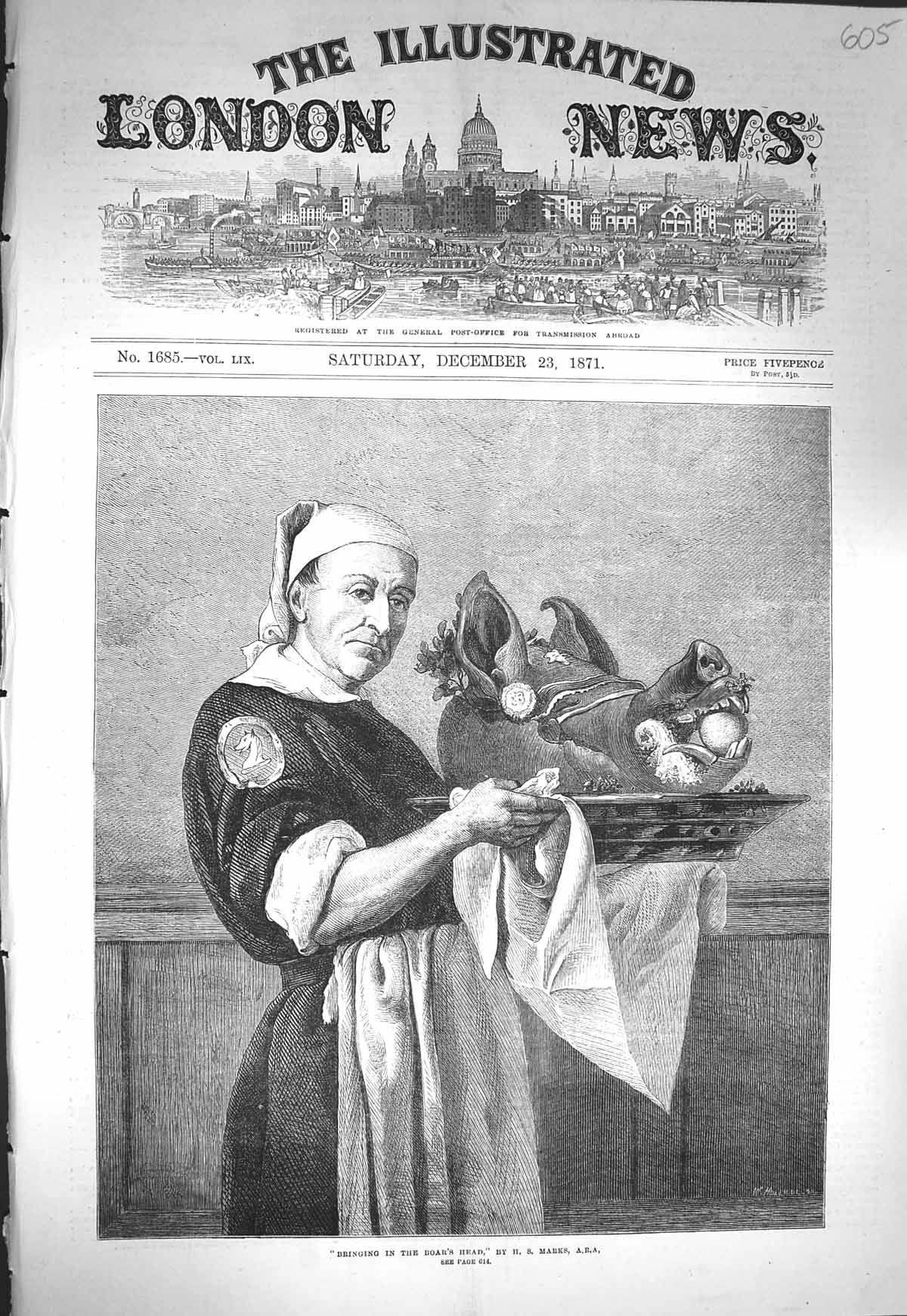 Original Old Antique Print 1871 Scene Bringing Boar'S Head Dinner Marks F 19th