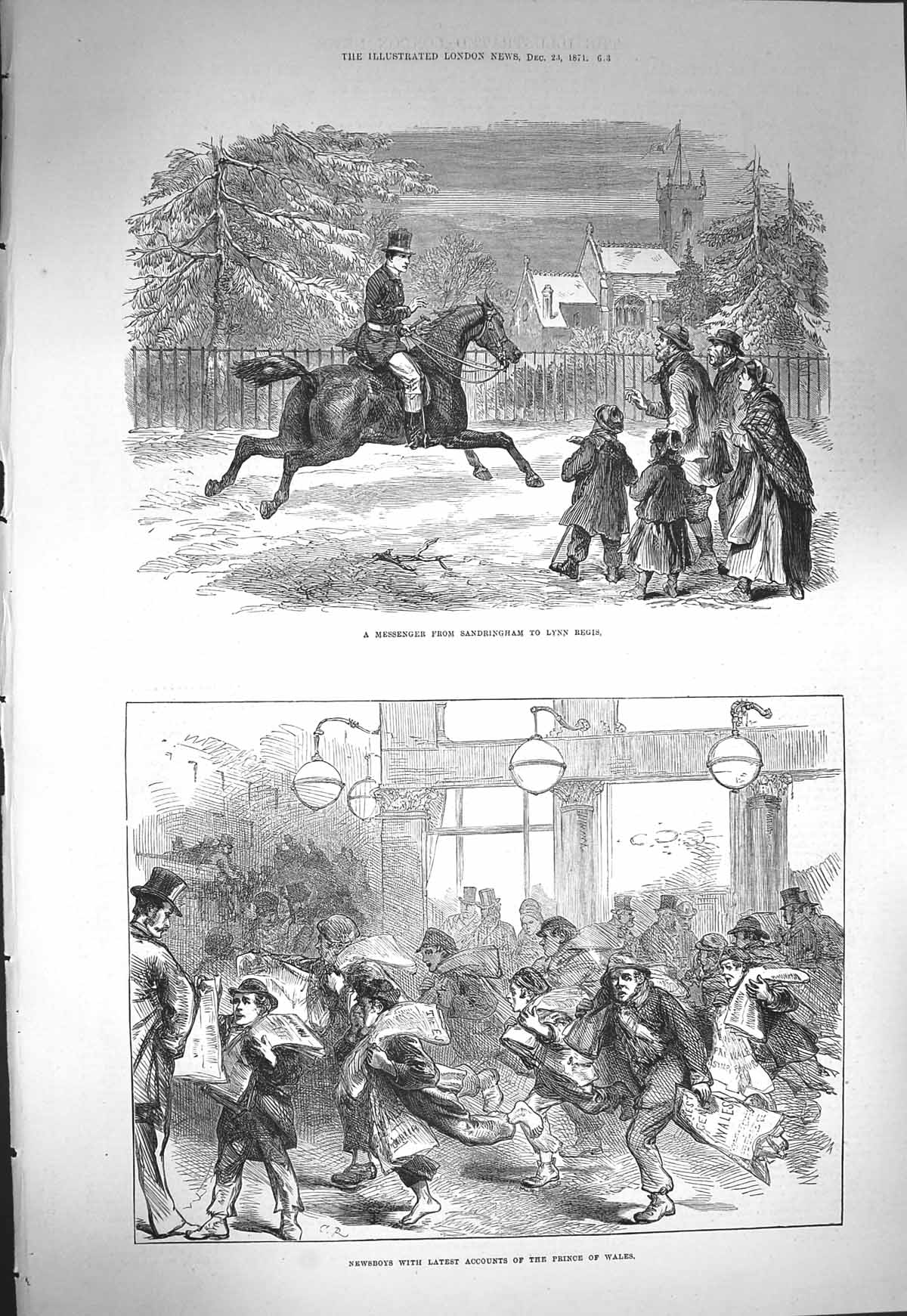 Original Old Antique Print 1871 Messenger Horse Sandringham Lynn Regis Newsboys
