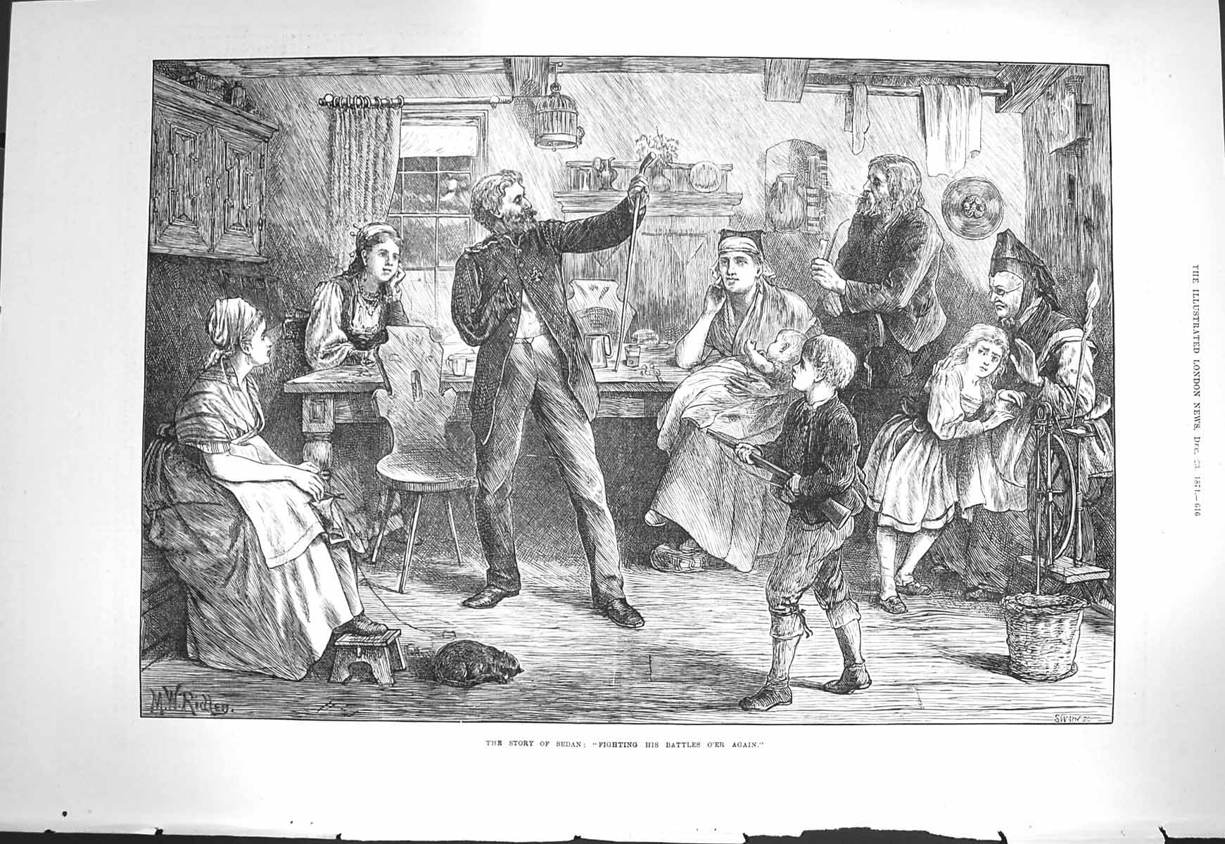 Original Old Antique Print 1871 Story Sedan Acting Fighting Battles Family Home