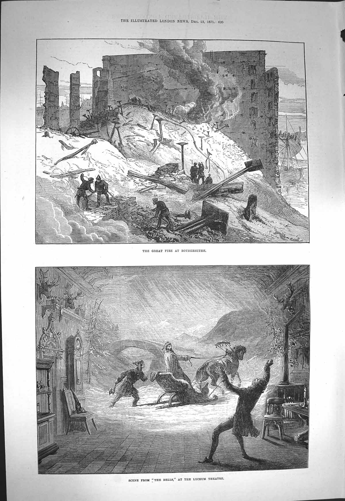 Old Antique Print 1871 Fire Rotherhithe Building Lyceum Theatre The Bells 19th