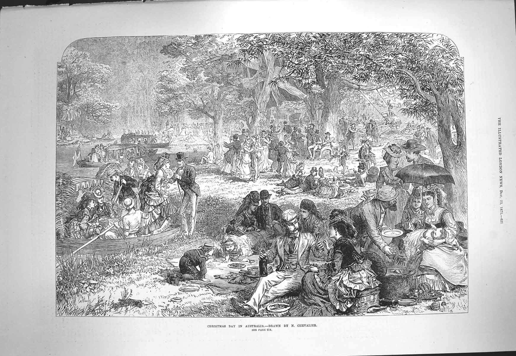 Original Old Antique Print 1871 Christmas Day Australia Family Picnic Scene