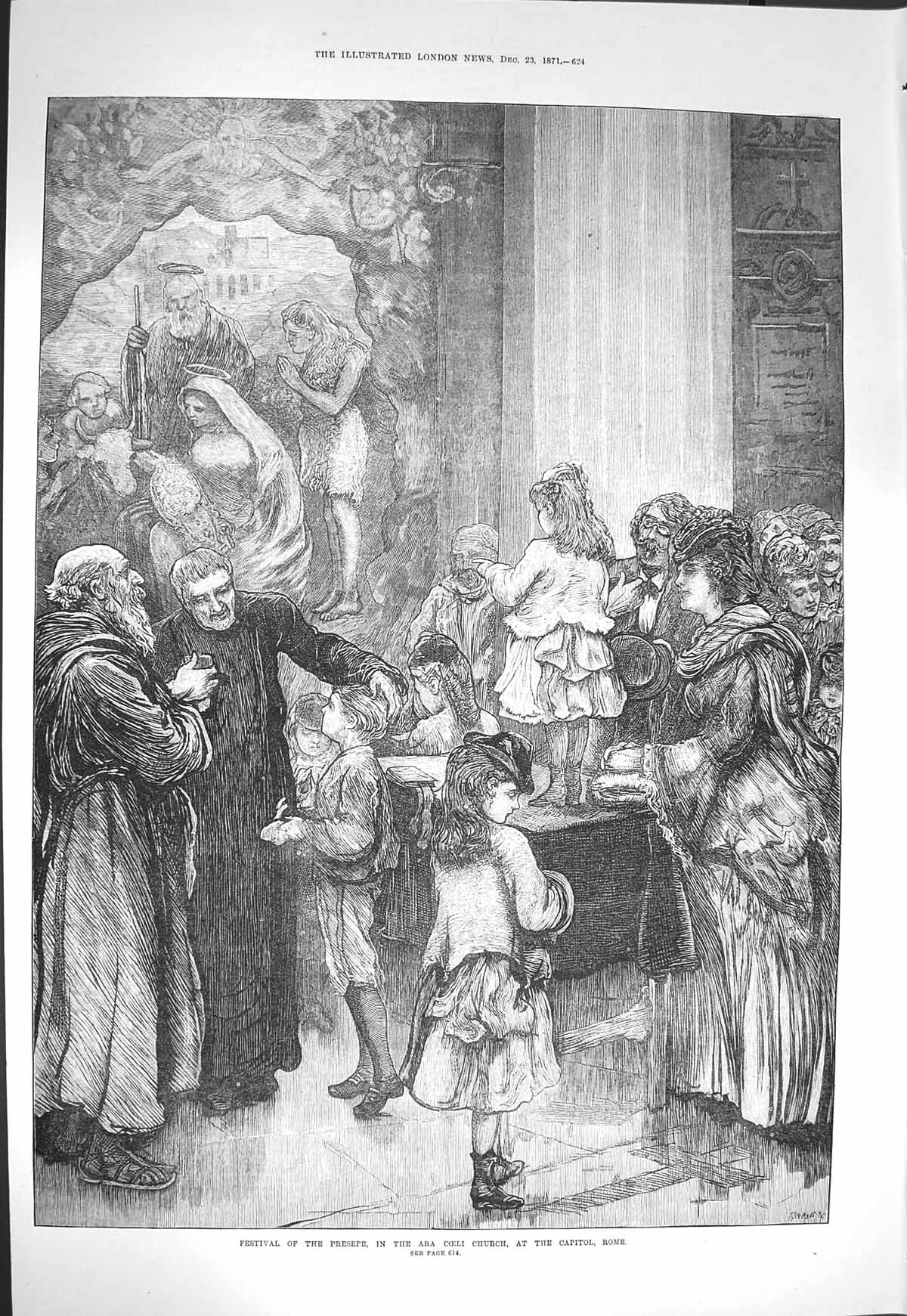 Original Old Antique Print 1871 Festival Presepe Ara Coeli Church Capitol Rome
