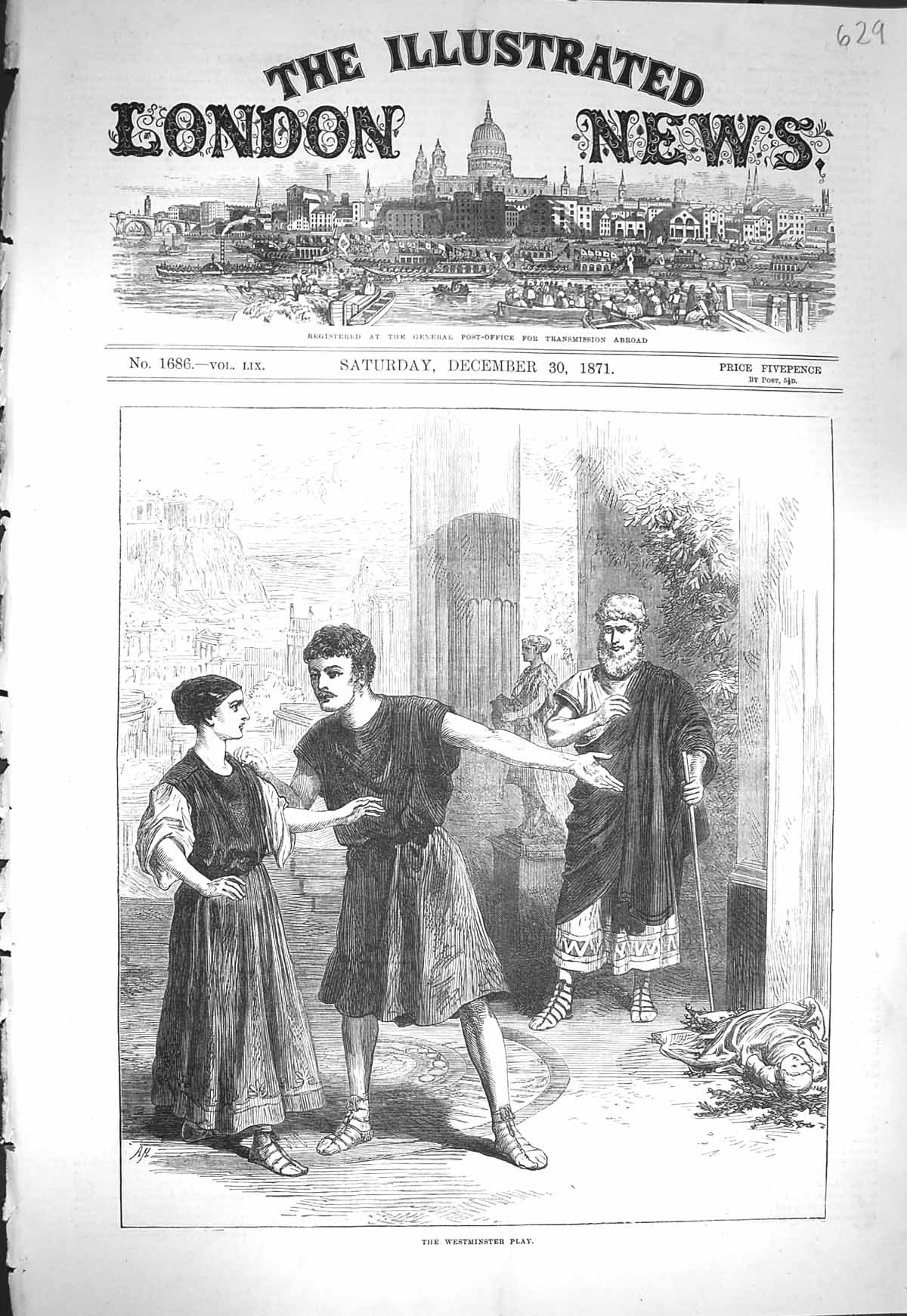 Original Old Antique Print 1871 Westminster Play Theatre Scene Actors London