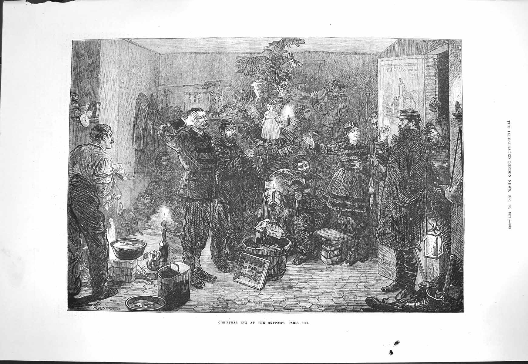 Original Old Antique Print 1871 Scene Christmas Outposts Paris Siers Tree 19th