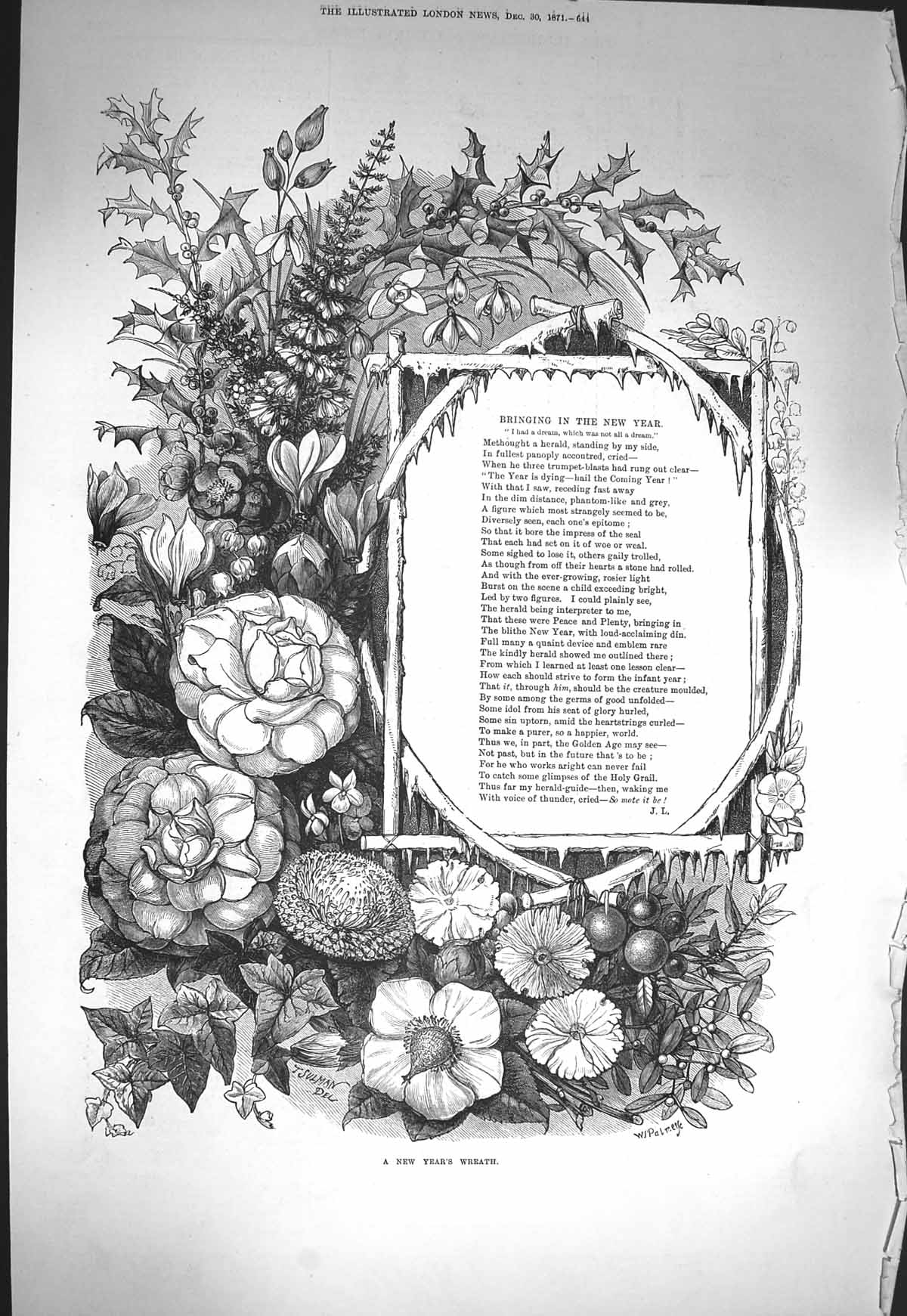 Original Old Antique Print 1871 Bringing In The New Year Wreath Song Angels