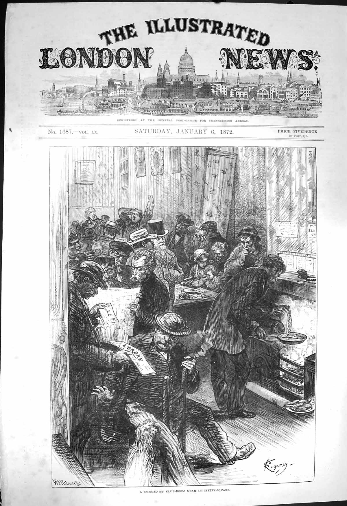 Original Old Antique Print 1872 Communist Club-Room Leicester Square London