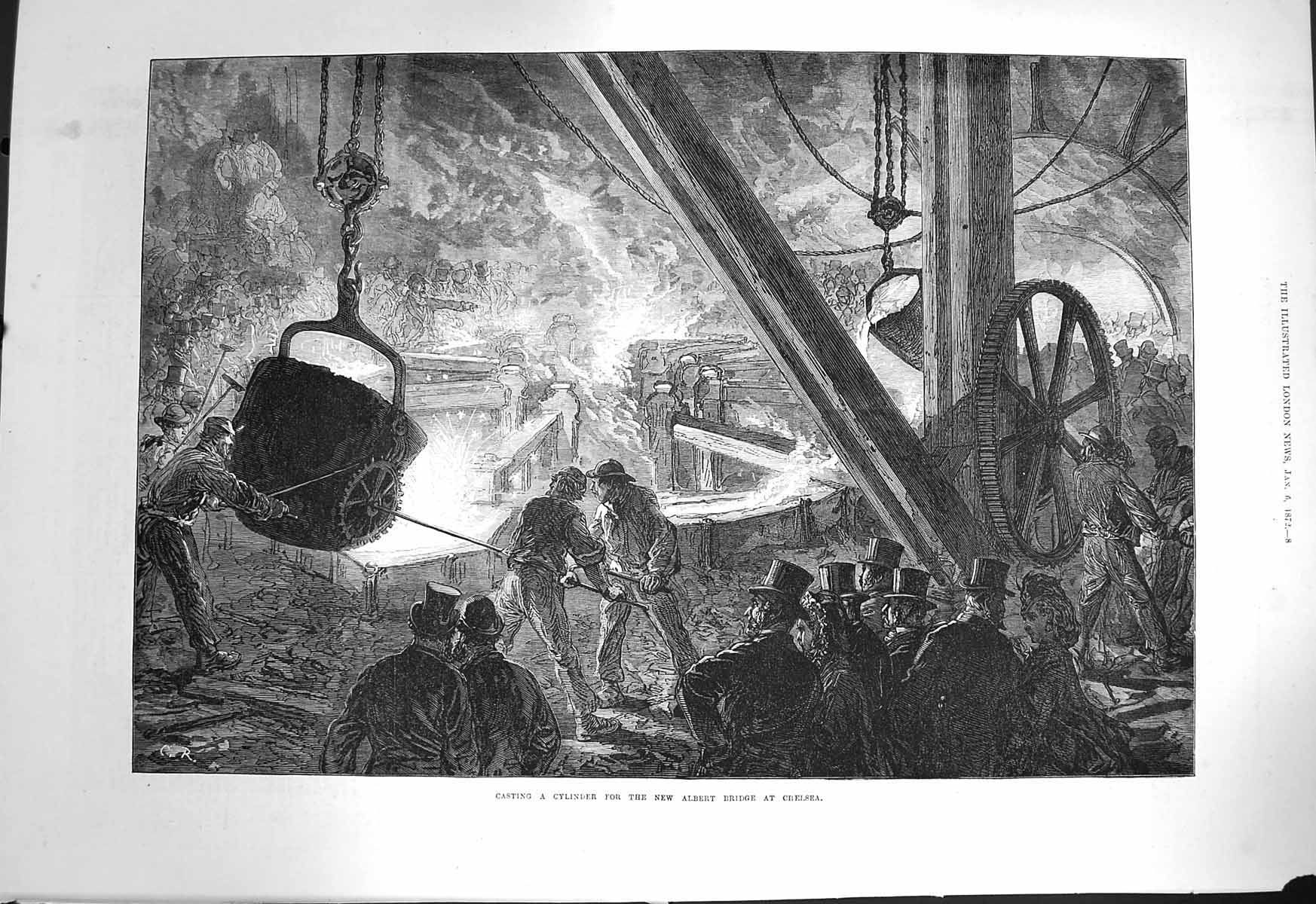 Old Antique Print 1872 Casting Cylinder New Albert Bridge Chelsea London 19th