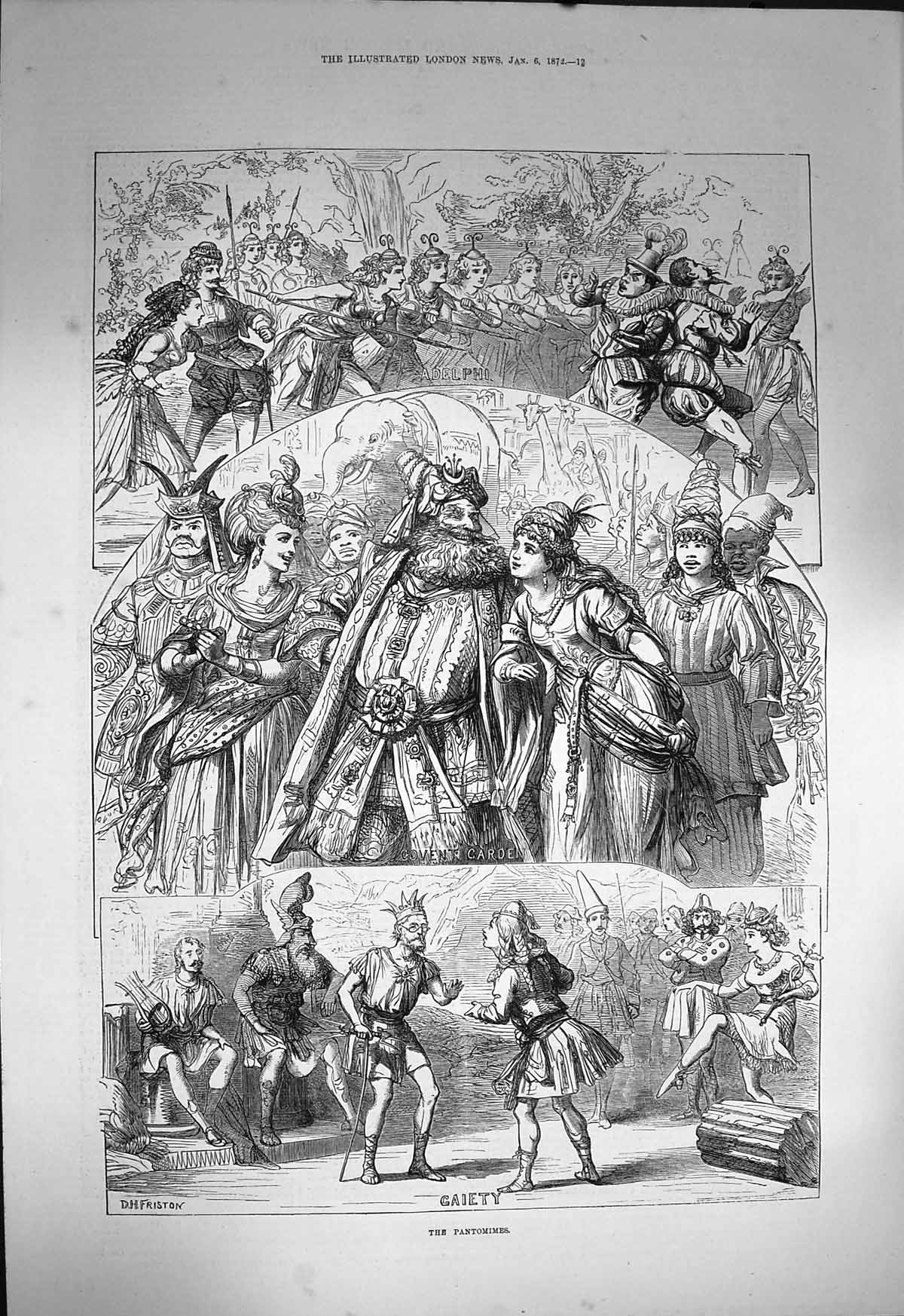 Original Old Antique Print 1872 Pantomimes Christmas Gaiety Covent Garden 19th