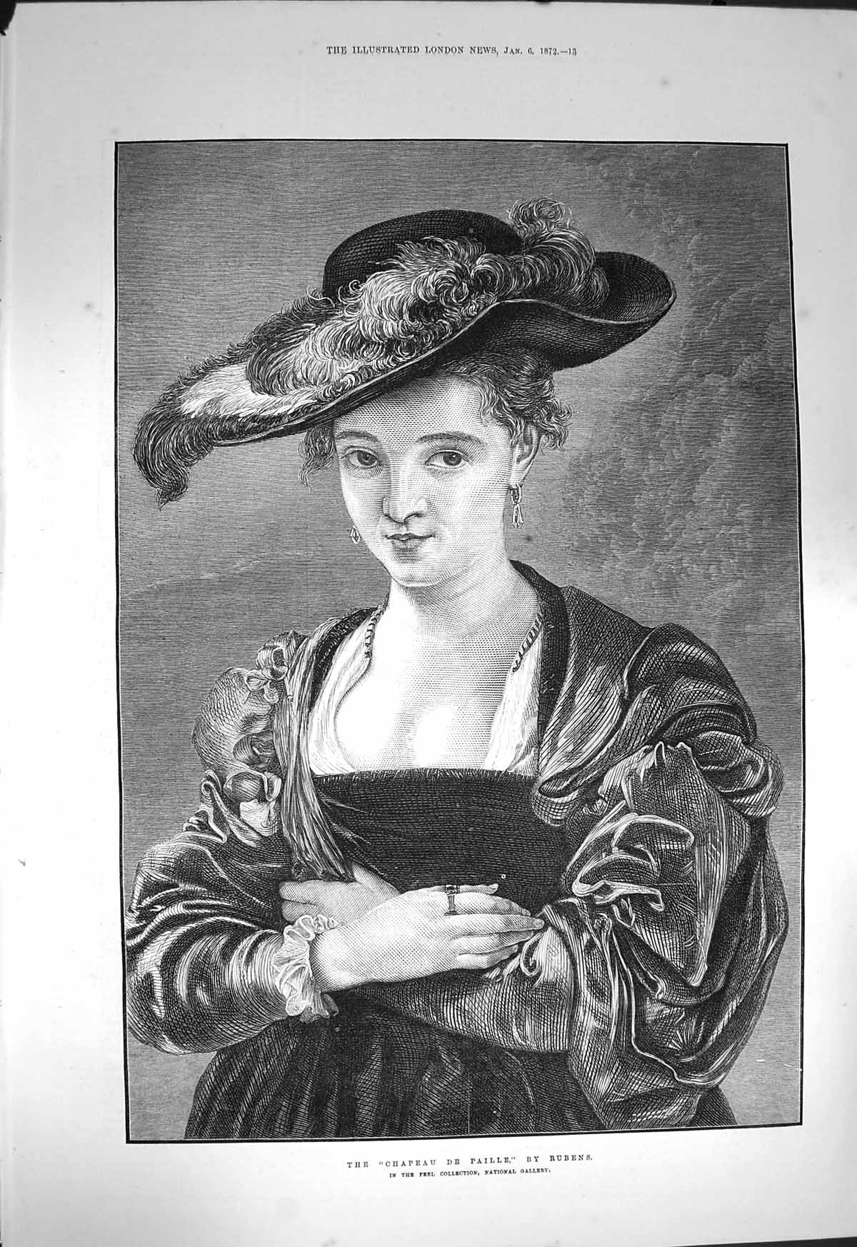 Original Old Antique Print 1872 Portrait Chapeau De Paille Lady Woman Rubens