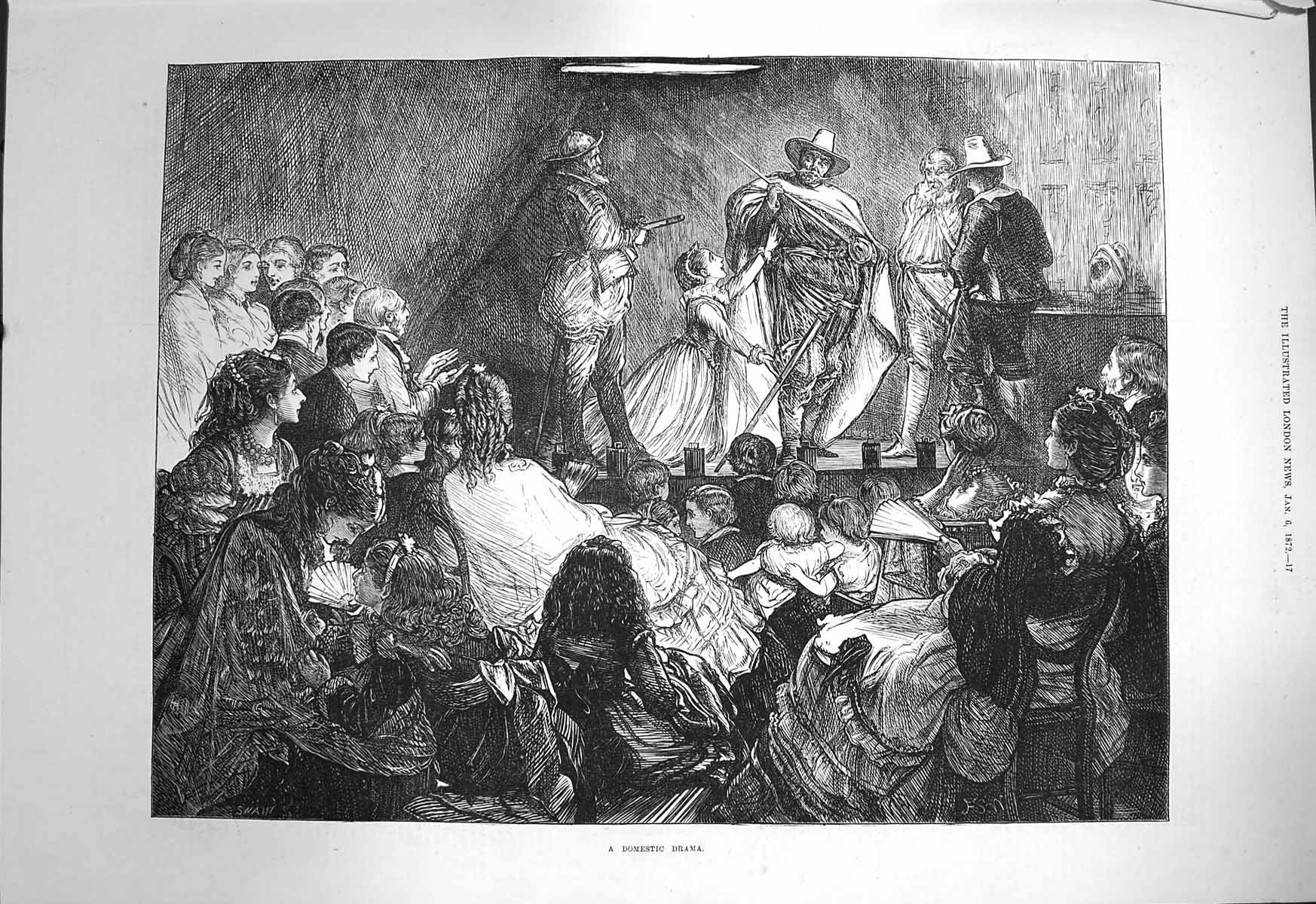 Original Old Antique Print 1872 Domestic Drama Performance Theatre Scene 19th