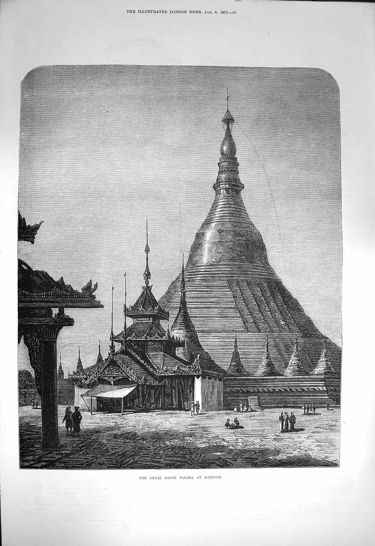 Old Antique Print 1872 Shwei Dagon Pagoda Rangoon Architecture Fine Art 19th