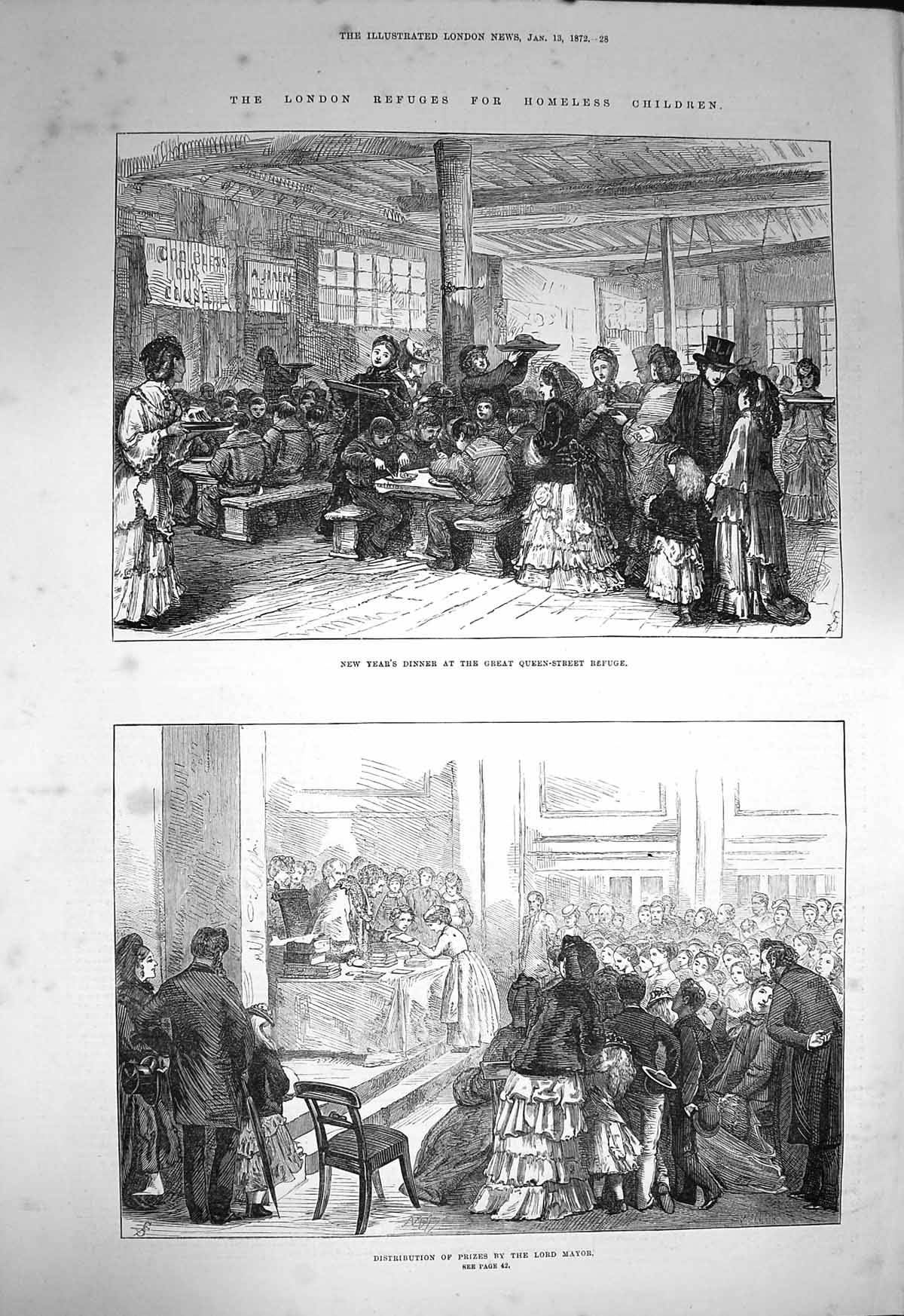 Original Old Antique Print 1872 London Refuge Homeless Children Lord Mayor 19th