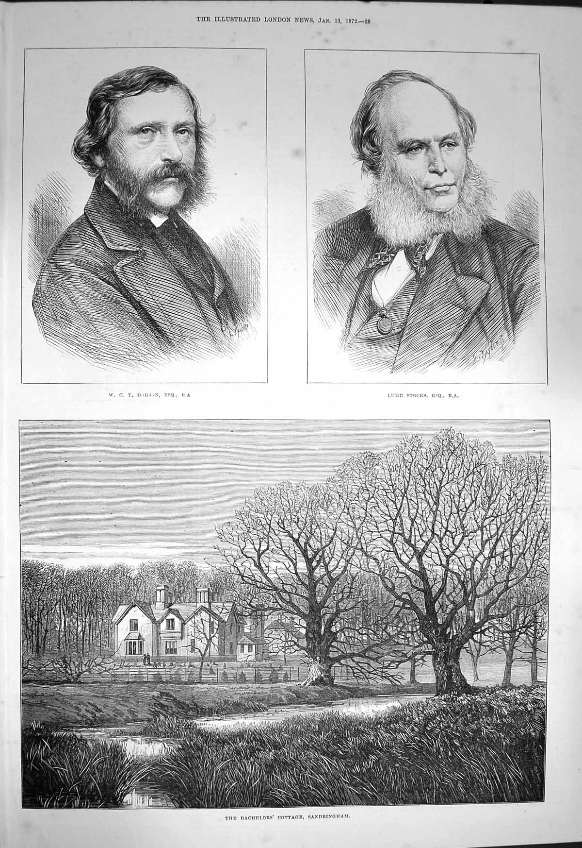 Original Old Antique Print 1872 Bachelors Cottage Sandringham Dobson Stocks