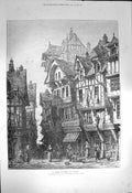 Original Old Antique Print 1872 Street Scene Rouen Architecture Houses 19th