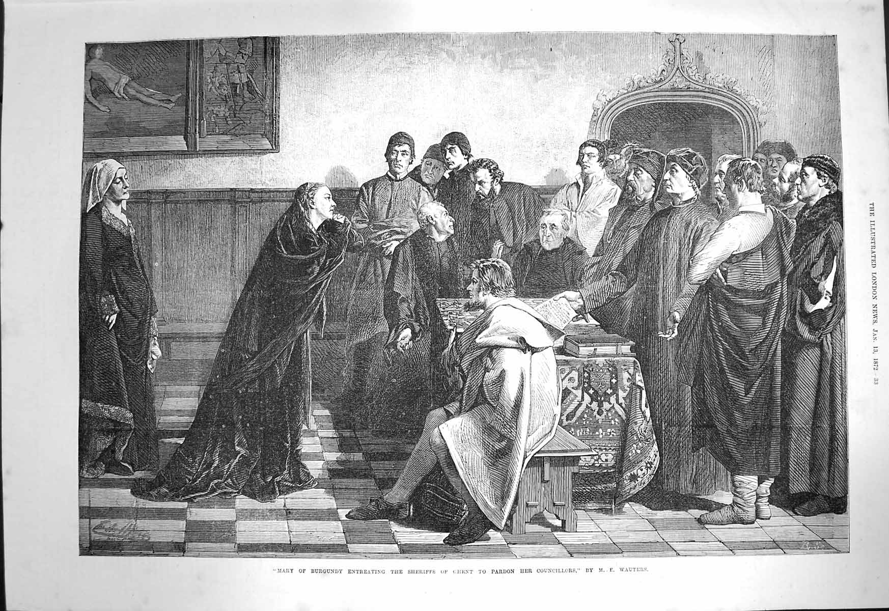 Original Old Antique Print 1872 Mary Burgundy Sheriffs Ghent Pardon Councillors
