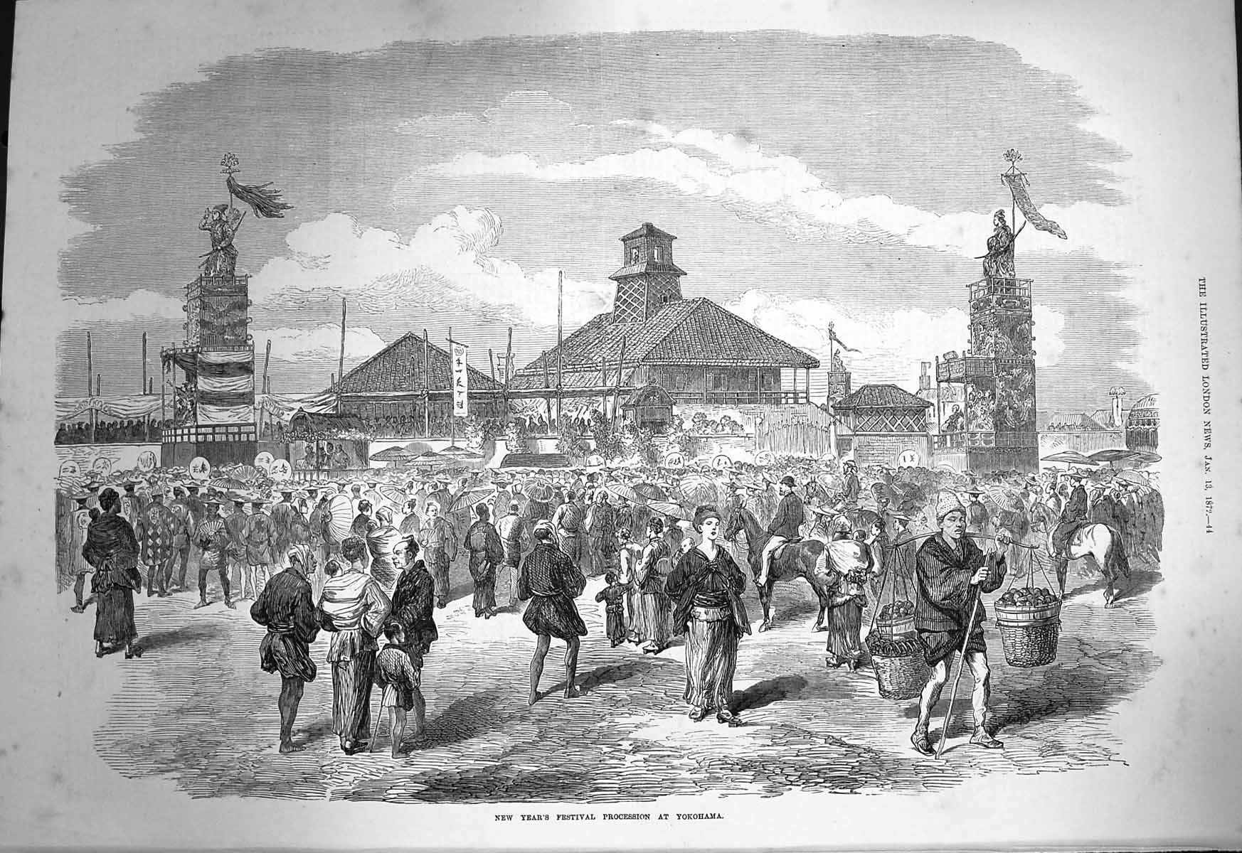 Original Old Antique Print 1872 New Year'S Festival Procession Yokohama Japan