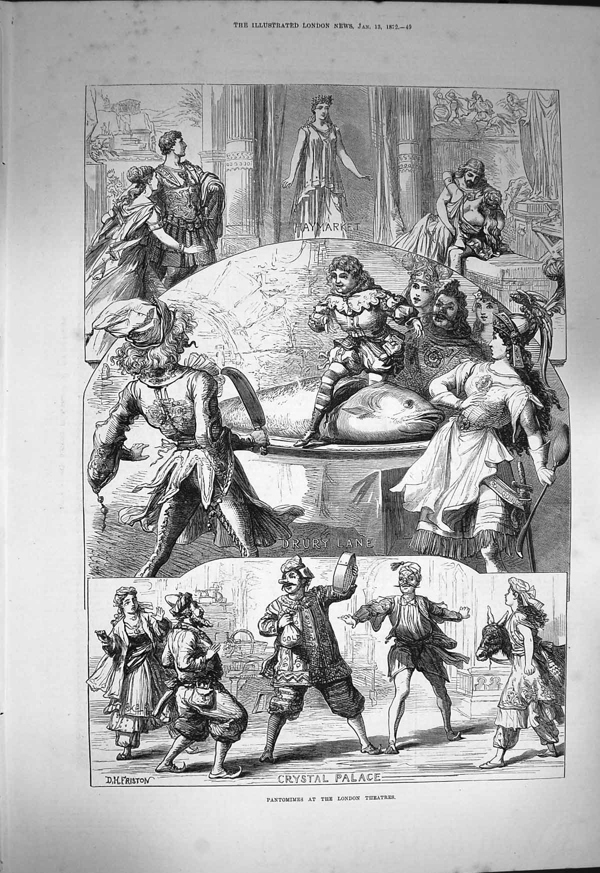 Original Old Antique Print 1872 Pantomimes Crystal Palace Drury Lane Victorian