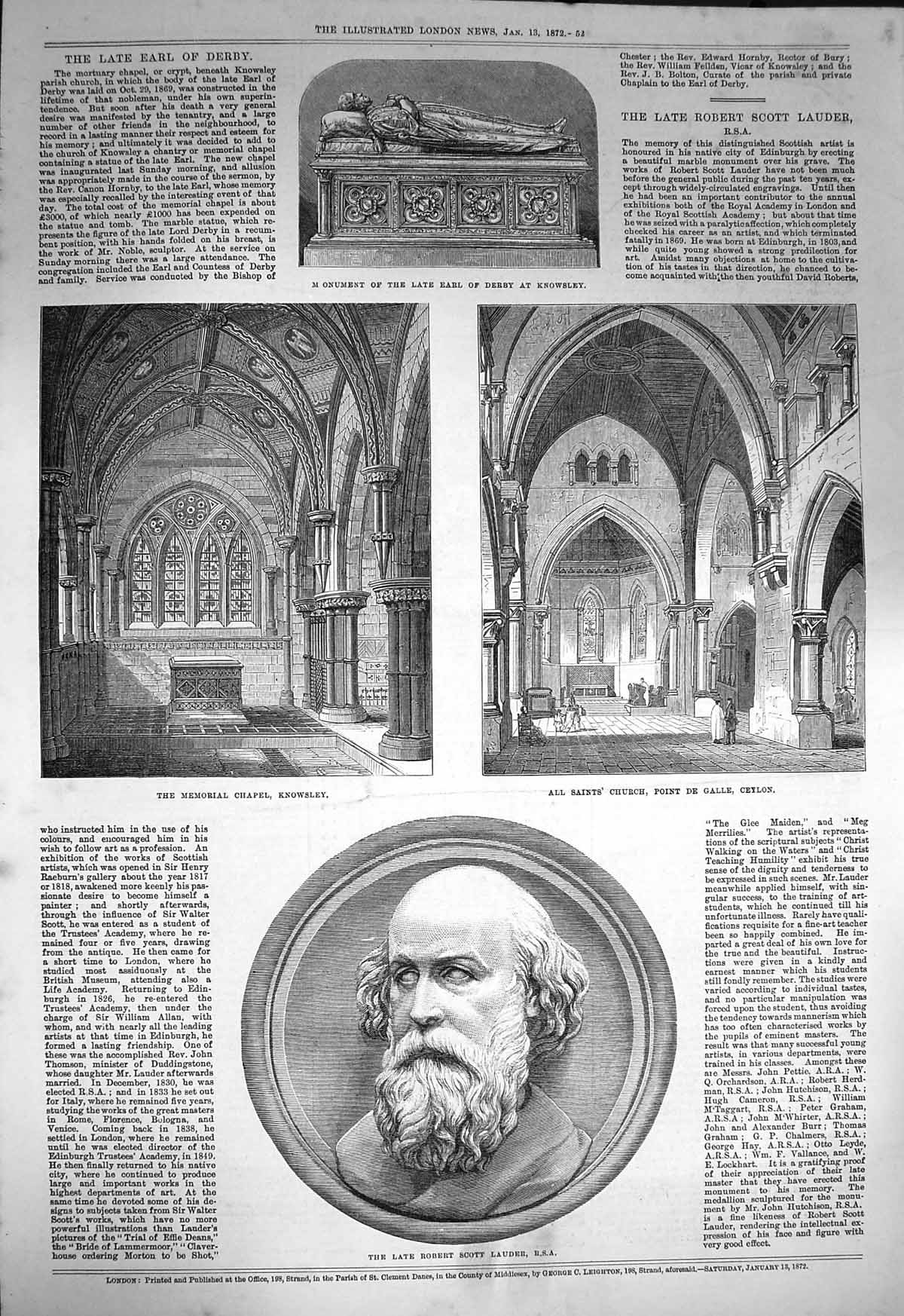 Old Antique Print 1872 Monument Earl Derby Robert Lauder Chapel Knowsley 19th