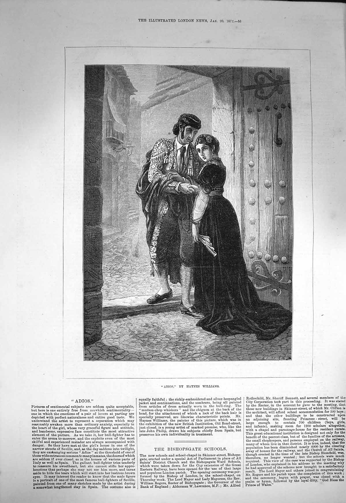 Original Old Antique Print 1872 Adios Spanish Lady Man Romance Haynes W 19th