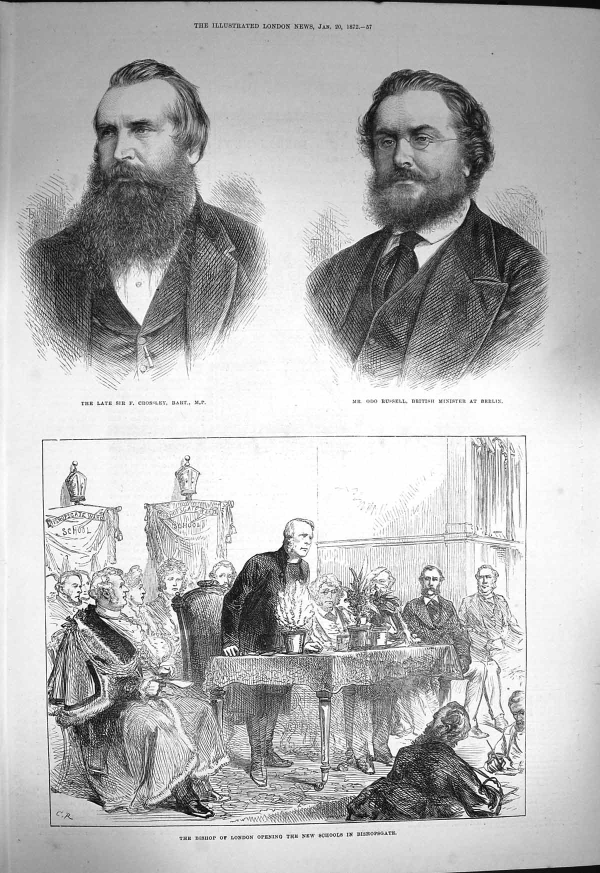 Old Antique Print 1872 Crossley Russell Bishop London School Bishopsgate 19th