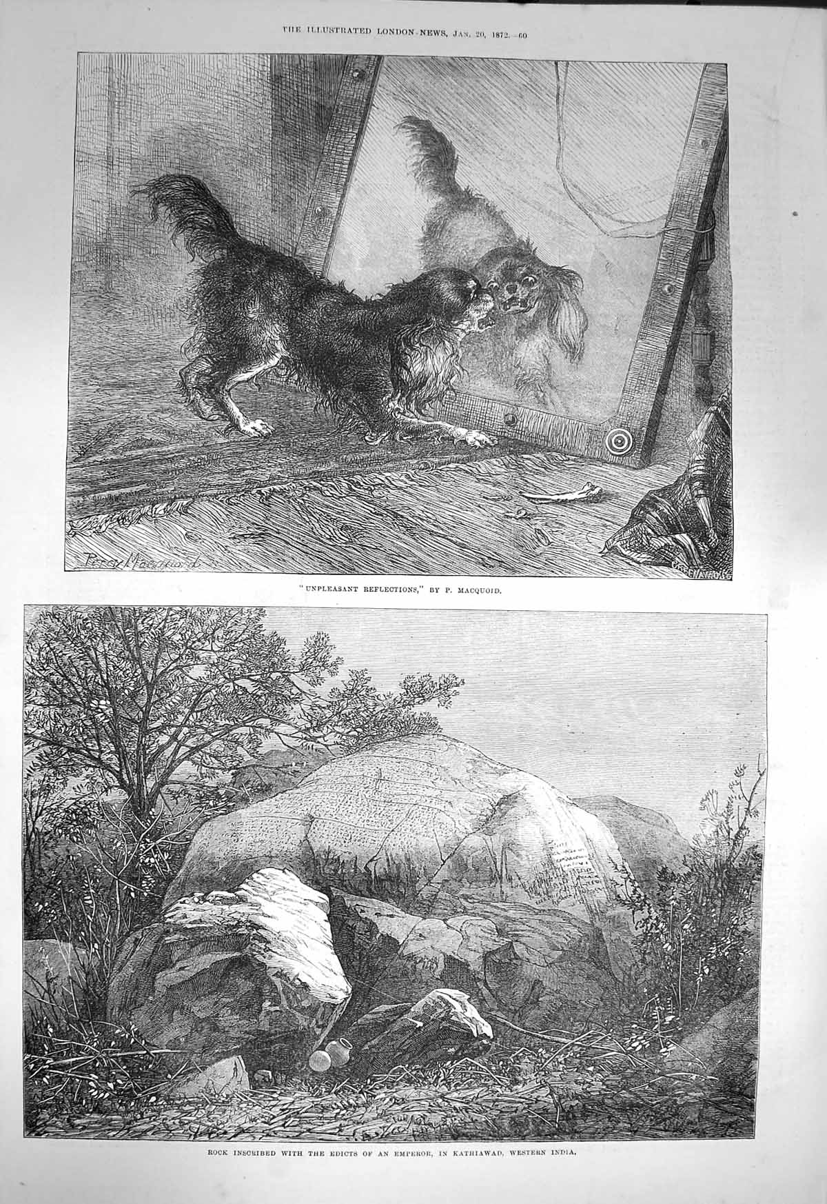 Old Antique Print 1872 Rock Inscribed Edicts Emperor Kathiawad India Dog 19th
