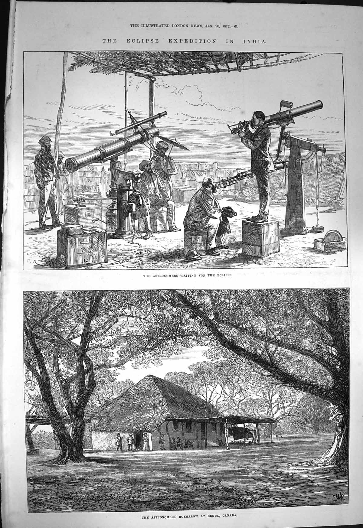 Old Antique Print 1872 Eclipse India Astronomers Bekul Canara Hill Rome 19th