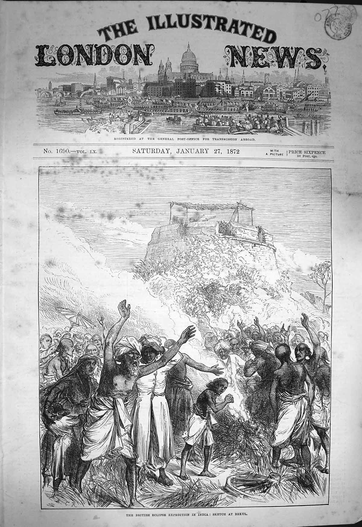 Original Old Antique Print 1872 British Eclipse Expedition India Scene Bekul