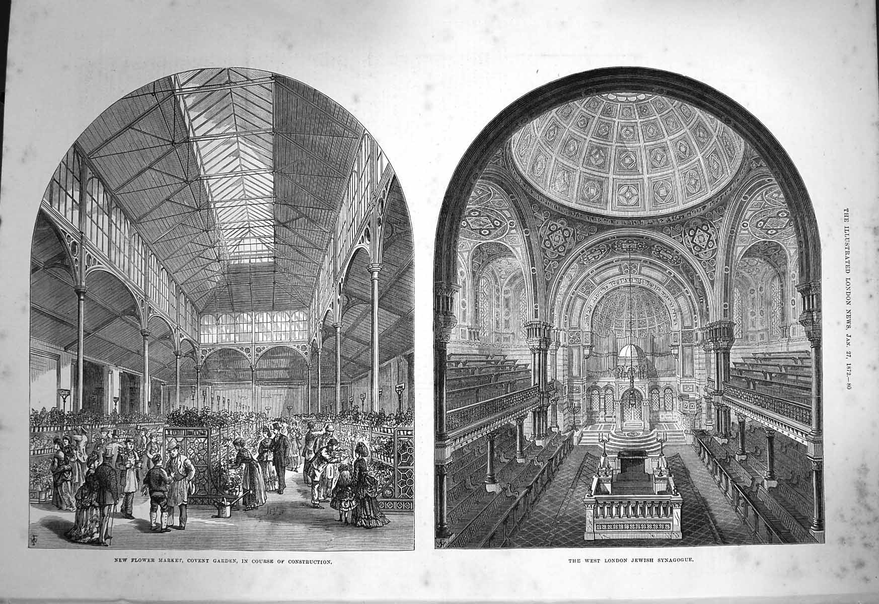 Original Old Antique Print 1872 Flower Market Covent Garden Jewish Sy Victorian