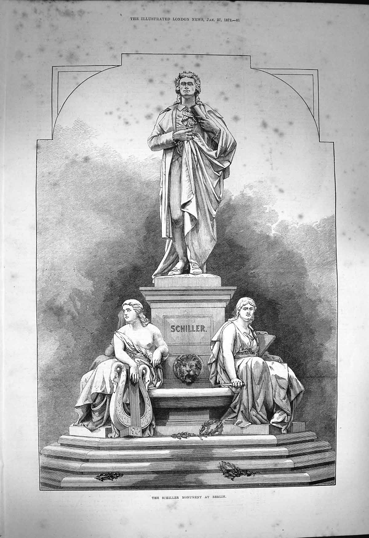 Original Old Antique Print 1872 Schiller Monument Berlin Germany 19th