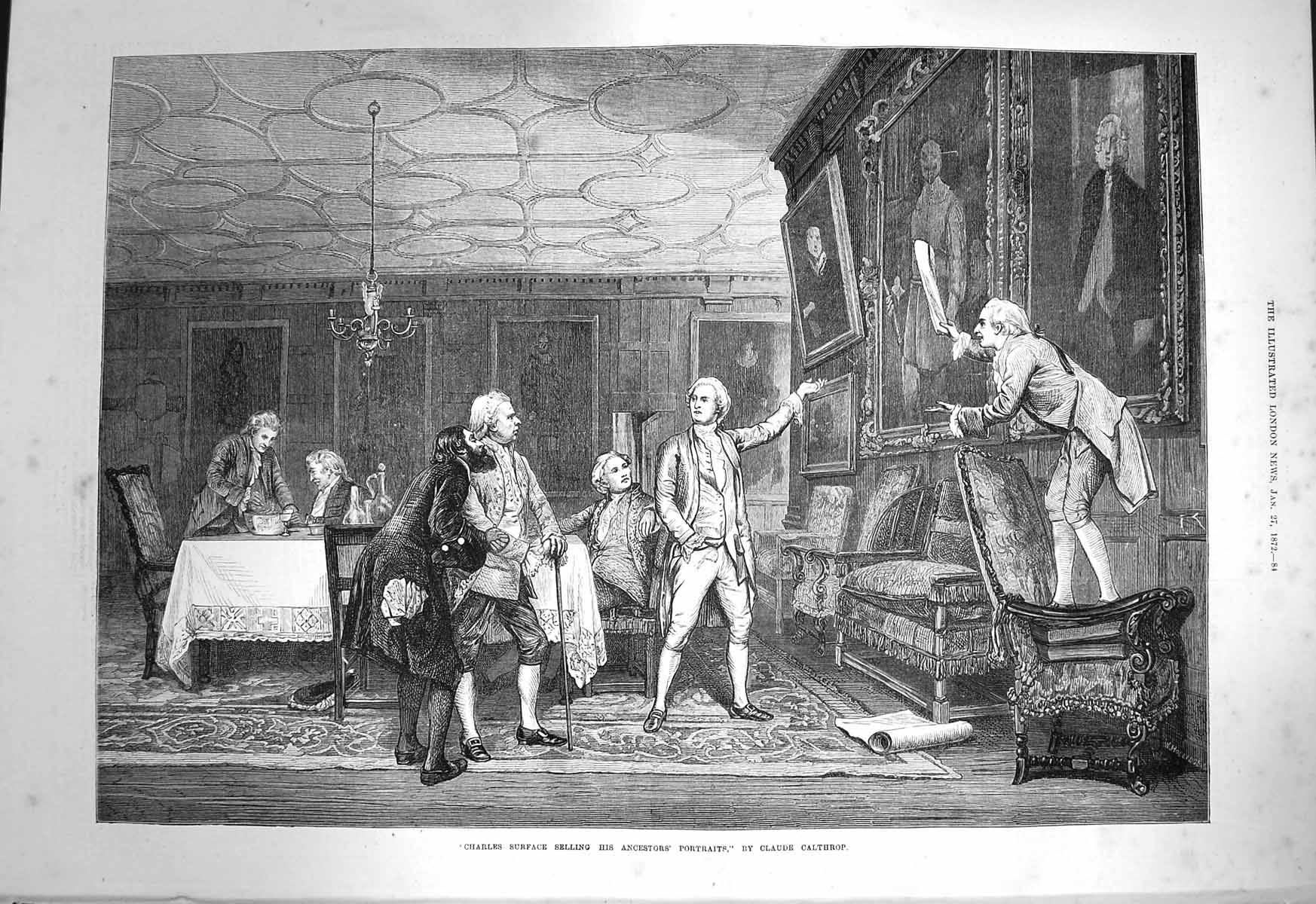 Original Old Antique Print 1872 Charles Surface Selling Ancestors Portraits Art