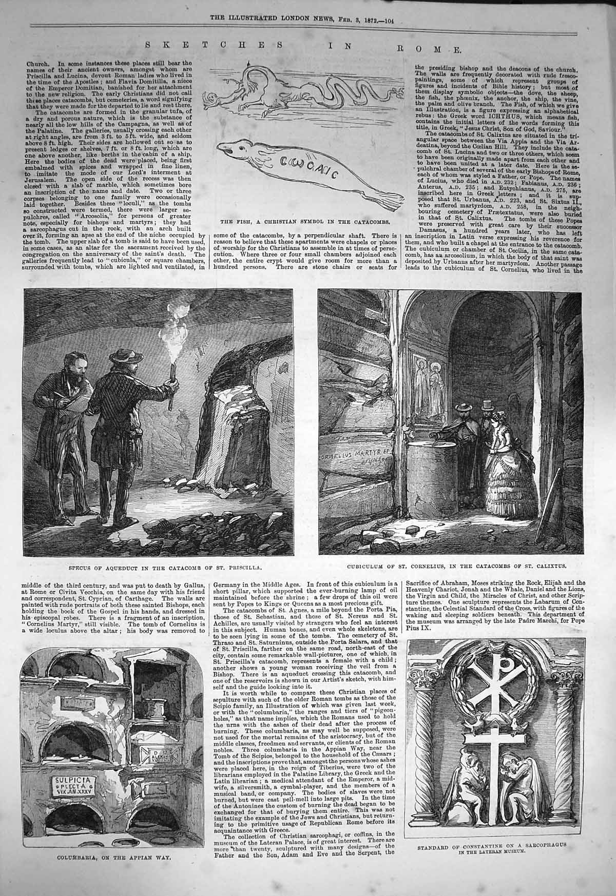 Old Antique Print 1872 Rome Catacomb Priscilla Calixtus Appian Saturninus 19th
