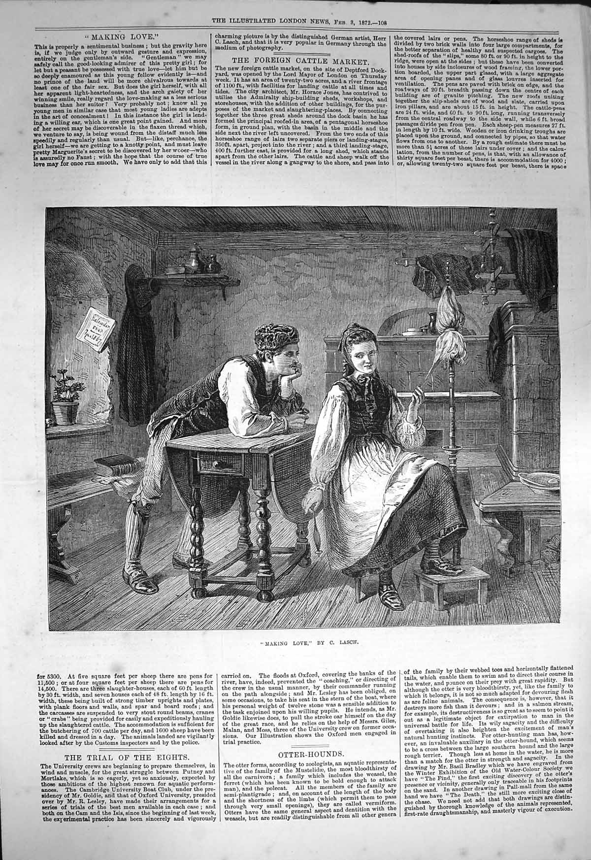 Original Old Antique Print 1872 Making Love Romance Man Woman Lasch Victorian