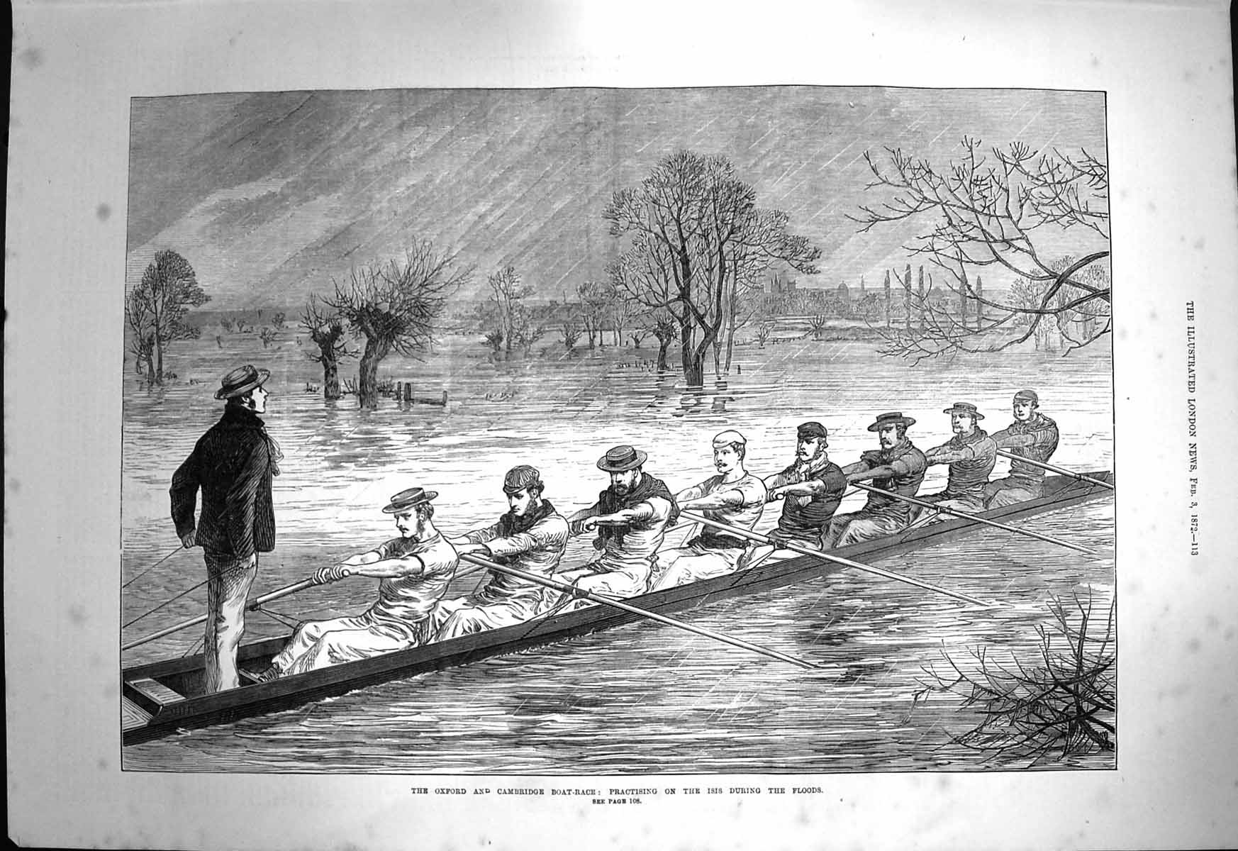 Old Antique Print 1872 Oxford Cambridge Boat Race River Thames Practice 19th