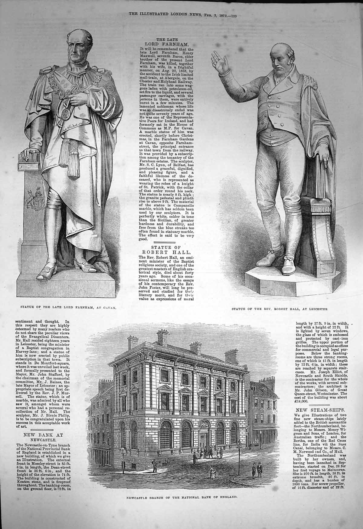 Original Old Antique Print 1872 Statue Lord Farnham Robert Hall Newcastle Bank