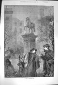 Original Old Antique Print 1872 Scene Leicester Square London Statue Fine Art