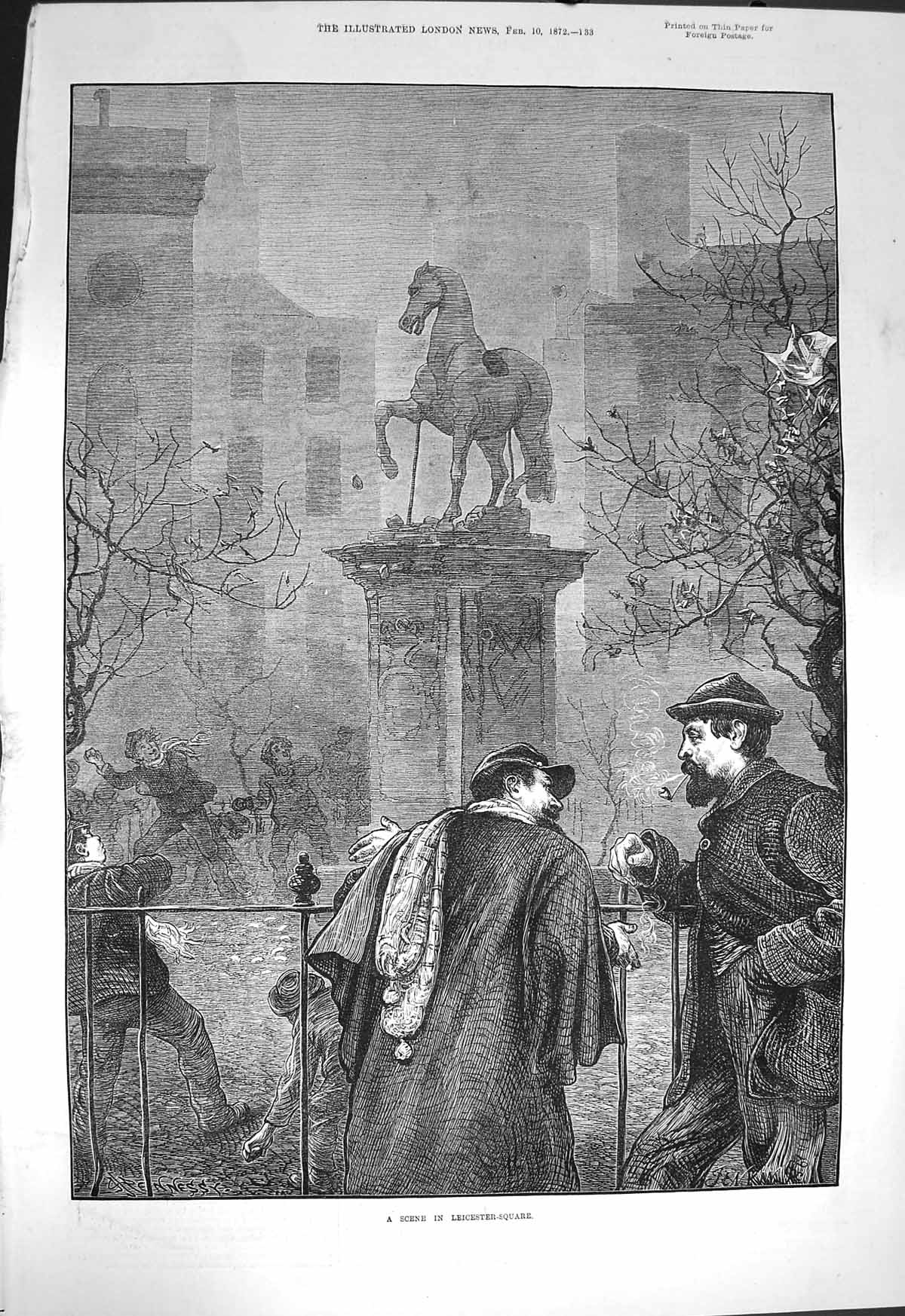 Original Old Antique Print 1872 Scene Leicester Square London Statue Fine Art