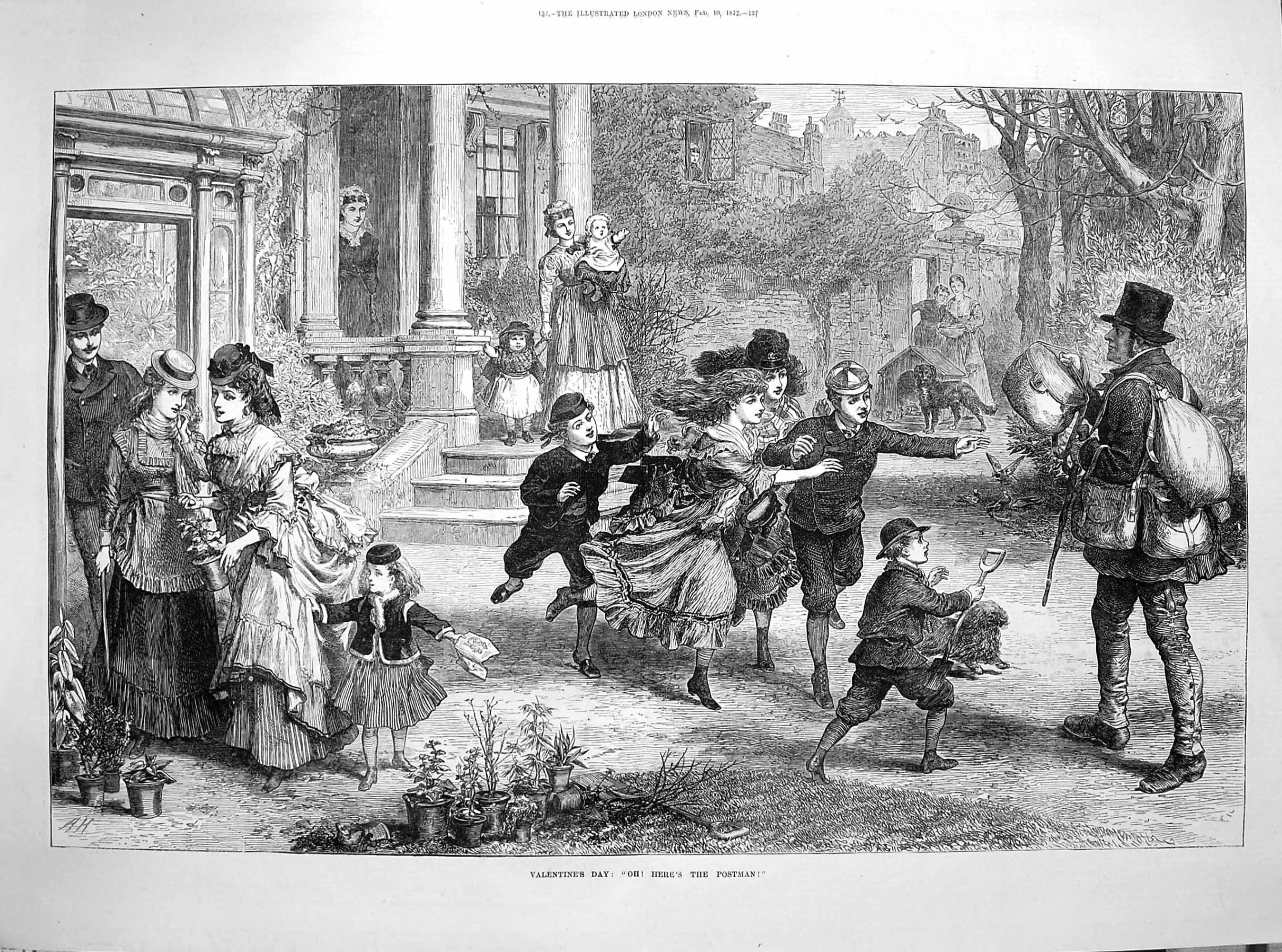 Original Old Antique Print 1872 Valentine'S Day Postman Letters Mail Children