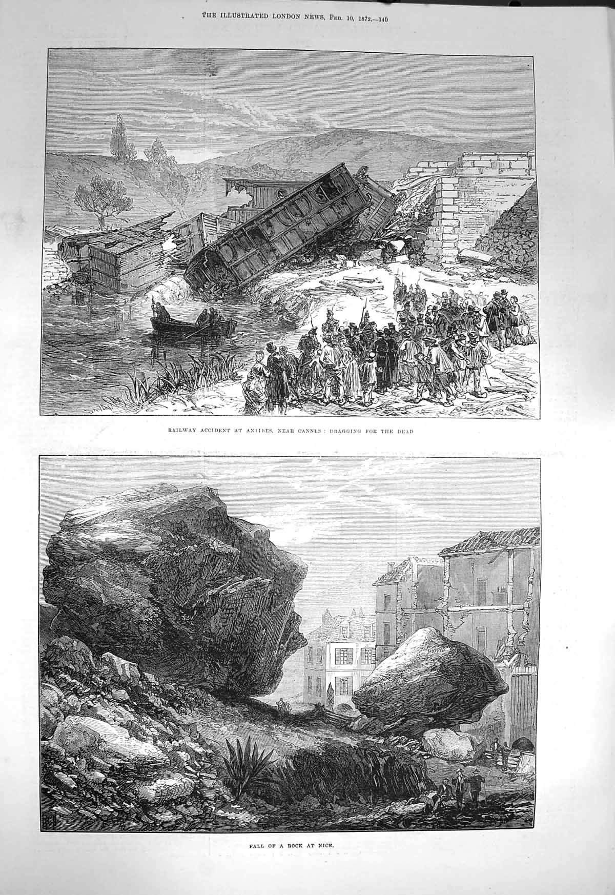 Old Antique Print 1872 Railway Train Crash Antibes France Fall Rock Nice 19th